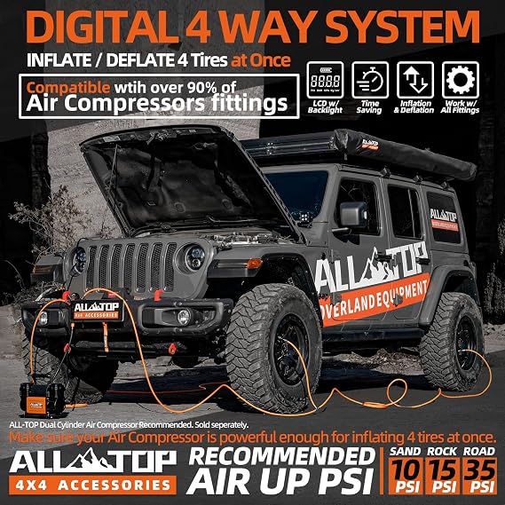 ALL-TOP 4 Tire Inflation & Deflation System, Up to 200 Wheelbase, Rapid High-Flow Air Up Down Kit w/Digital Pressure Gauge & Worry-Free Quick Fitting Package