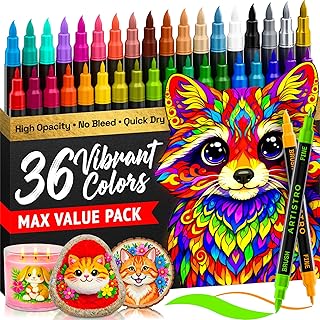 ARTISTRO 36 Acrylic Paint Markers - Paint Pens for Drawing, Brush + Fine Tips - For Fabric, Rock, Glass, Wood, DIY, Eggs - Art & Craft Supplies for Adults, Teens, Kids - Easter Basket Stuffers