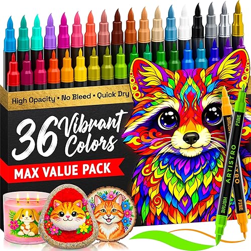 ARTISTRO 36 Acrylic Paint Markers - Paint Pens for Drawing, Brush + Fine Tips - For Fabric, Rock, Glass, Wood, DIY, Eggs - Art & Craft Supplies for Adults, Teens, Kids - Easter Basket Stuffers