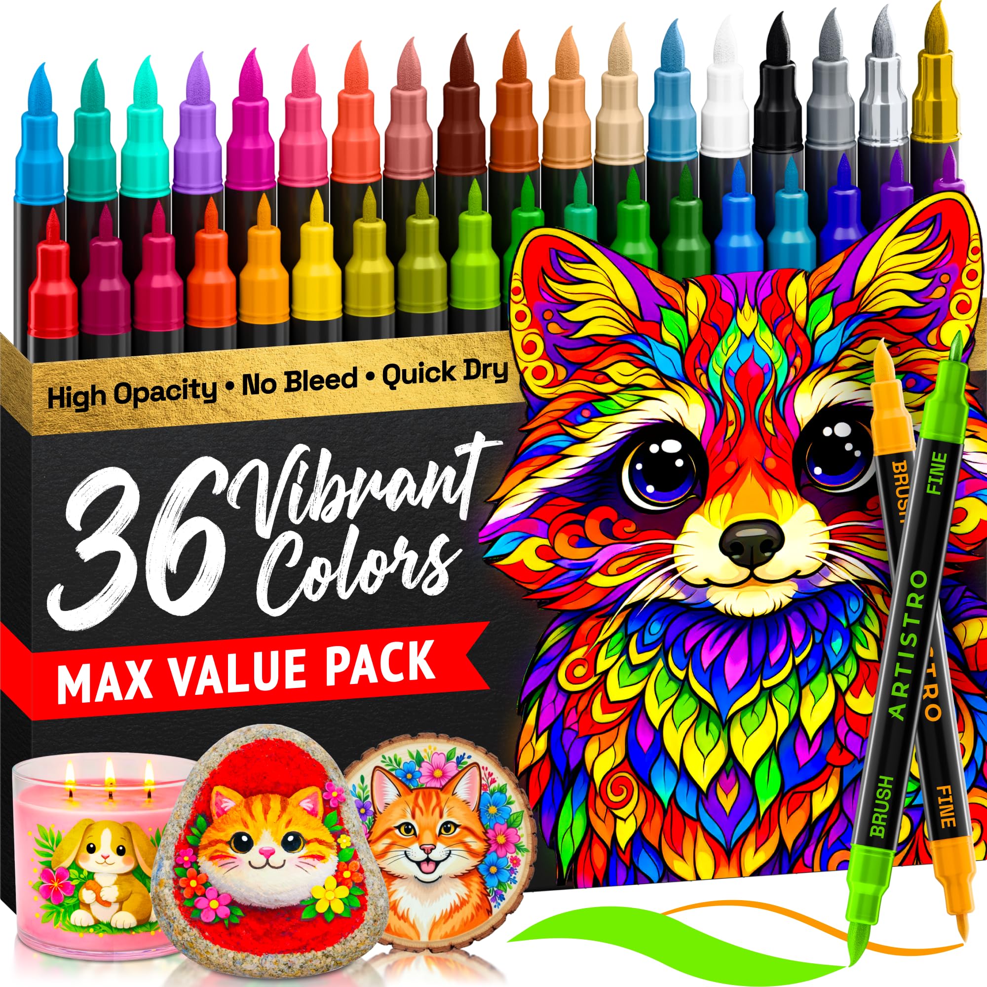 ARTISTRO 36 Acrylic Paint Markers - Paint Pens for Drawing, Brush + Fine Tips - For Fabric, Rock, Glass, Wood, DIY, Eggs - Art & Craft Supplies for