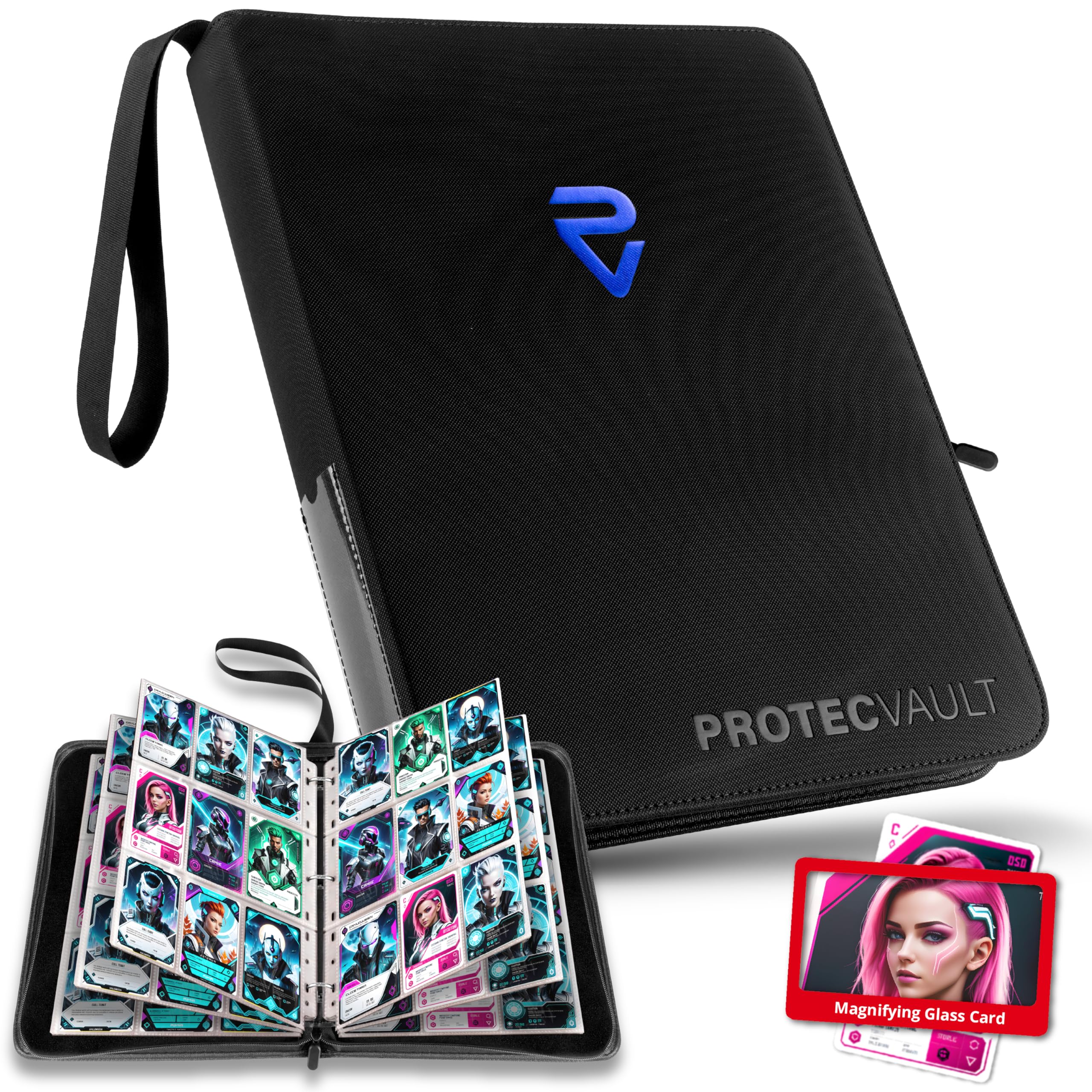 Pokemon Card Binder 900 Pocket with Magnifying Glass - Trading Card Storage Album Zipper 3 Ring for MTG Sports Cards TCG - Premium Black Holder