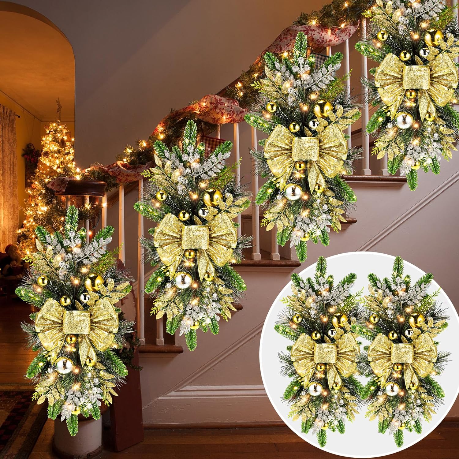 Lyrow 2 Pack Christmas Artificial Swags 24" Xmas The Cordless Prelit Stairway Swag Teardrop Trim Wreath Door Stair Garland Christmas Wreath for Outdoor Home Garden Decor (Red Ribbon)