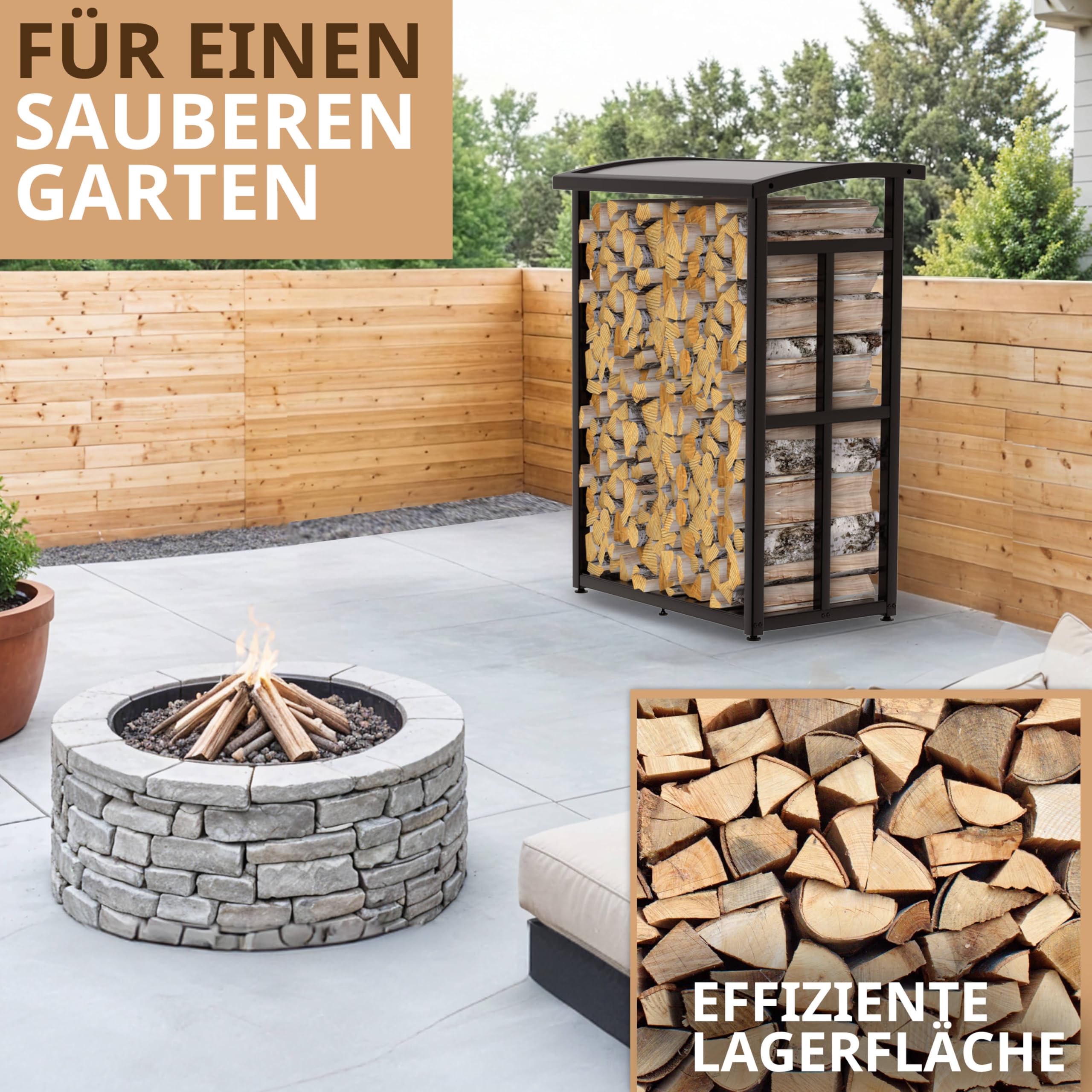 Kaminholzregal Metall klein 91×56×117cm | verzinkte Stapelhilfe für Brennholz, platzsparend, Stellfüße, Design, Terrasse, Garten, Balkon