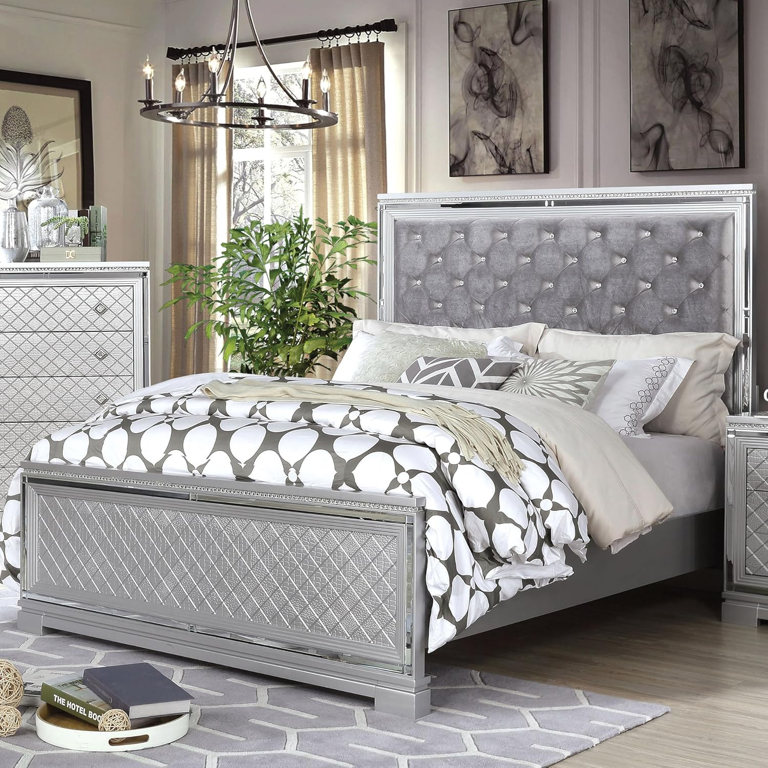 Furniture of America Salida Wood Frame King-Size Bed with Button Tufted and Fabric Upholstered Headboard, Box Spring Required for Bedroom, Guest Room, Silver and Gray