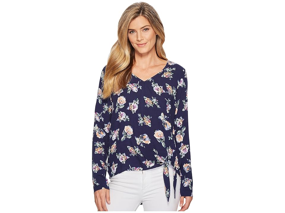 

Mod-o-doc Printed Rayon Woven V-Neck Pullover Tie Front Blouse (Navy Floral) Women's Blouse