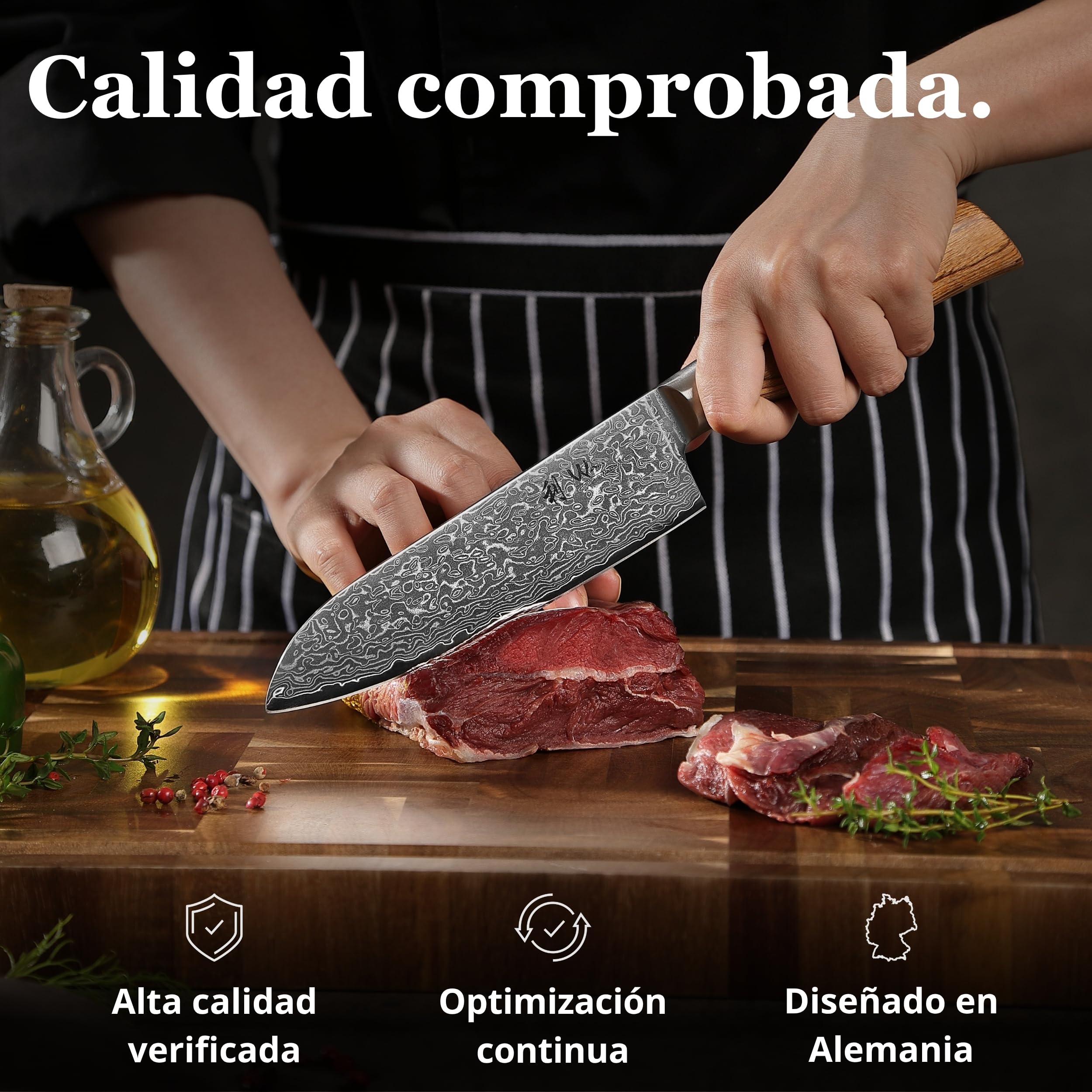 WAKOLI EDIB Pro juego de 6 cuchillos en acero de damasco de 67 capas con núcleo VG10, chef 20 cm, pan 20 cm, carne 17 cm, Santoku 16 cm, Santoku 11 cm y puntilla 8 cm