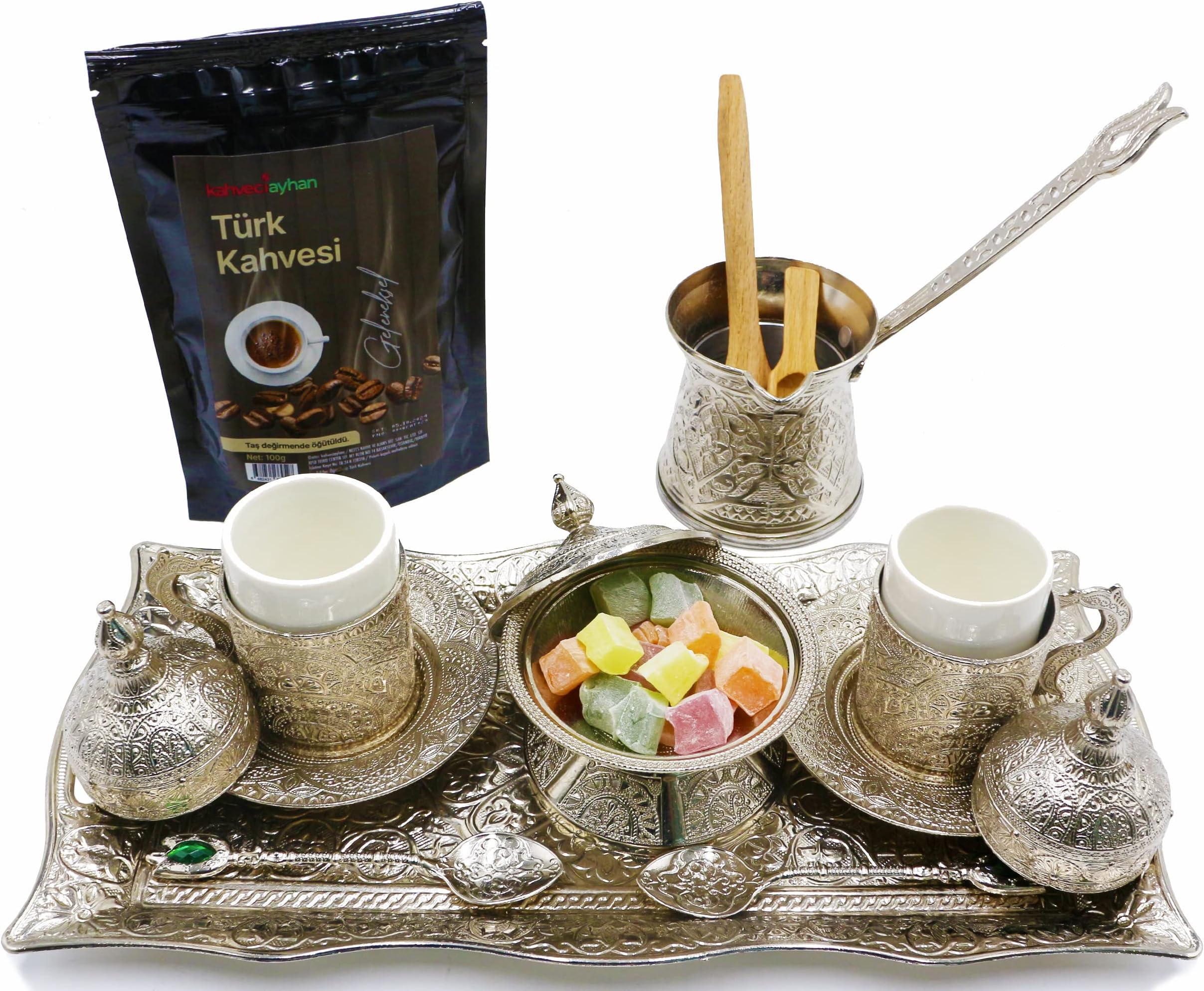 Premium Silver Color Filigree Design Turkish Coffee Espresso Serving Set 10 pcs with 2 Cups 1 Tray 1 6 oz Coffee Pot 1 Sugar Bowl 3 Spoons Vintage Stylish Embroidered Design Best Gift Set