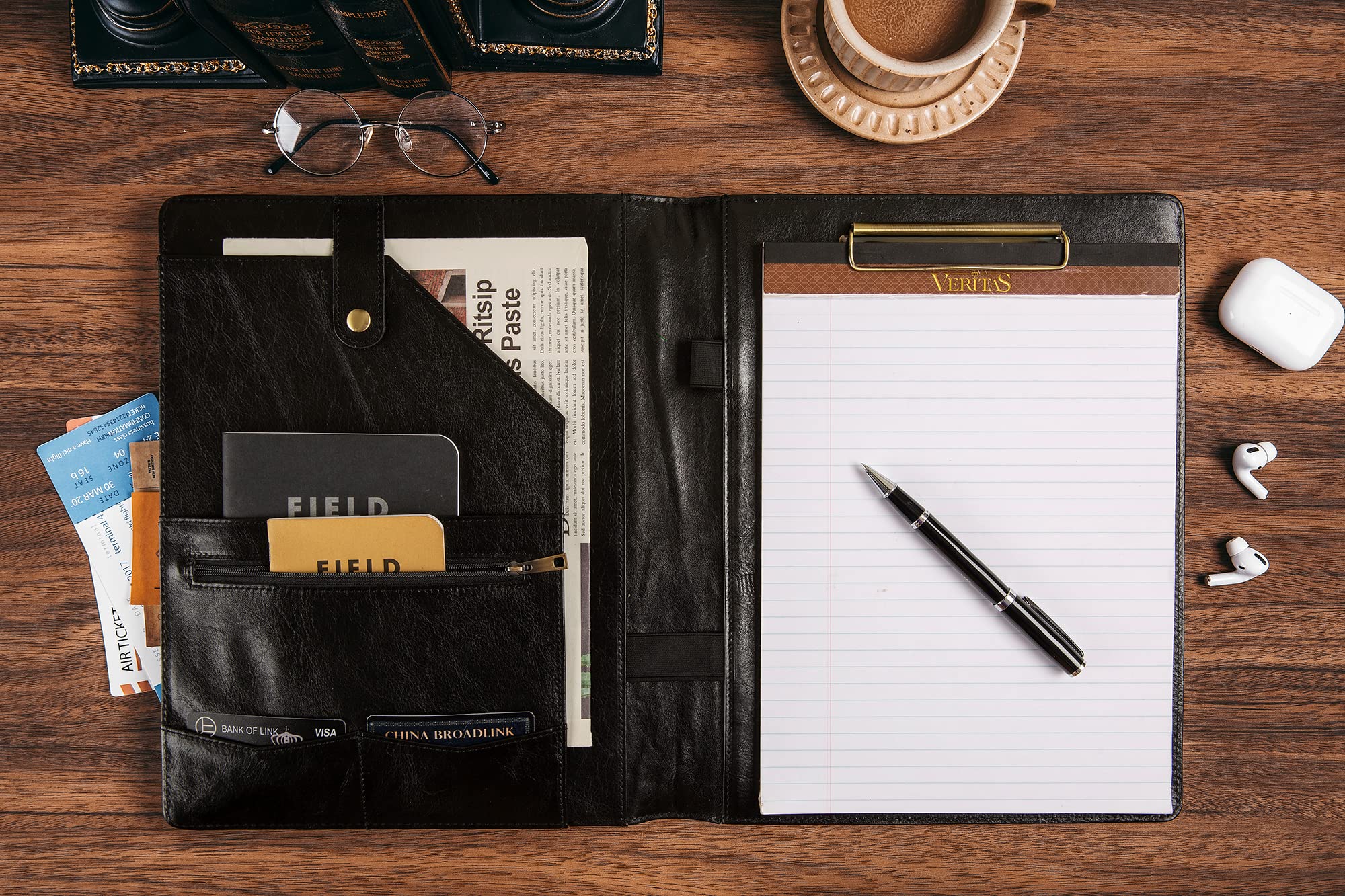 Portapapeles de piel auténtica, carpeta de cuero curtido al aceite, carpeta de entrevista para mujeres, carpeta portapapeles de negocios, folio de cuero grabado para hombres (negro, no personalizable)