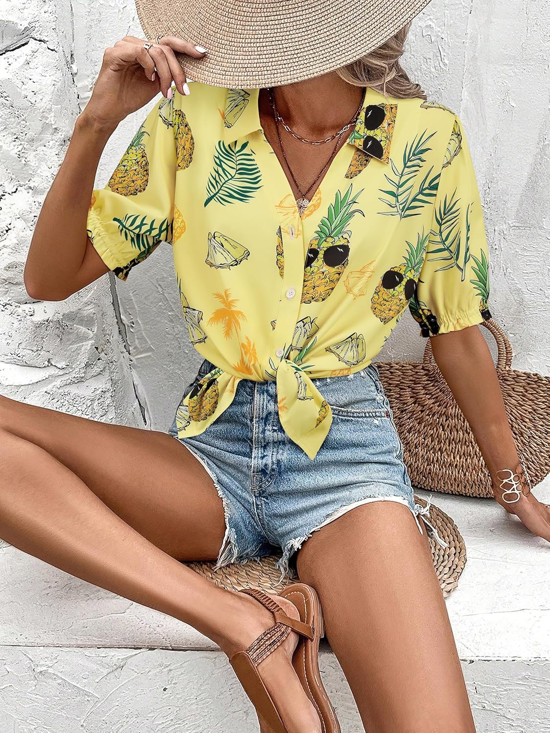 ZXZY Women Hawaiian Shirt Puff Short-Sleeve V Neck T-Shirt Pineapple Graphic Tee Tops Blouse Outfit - Image 5