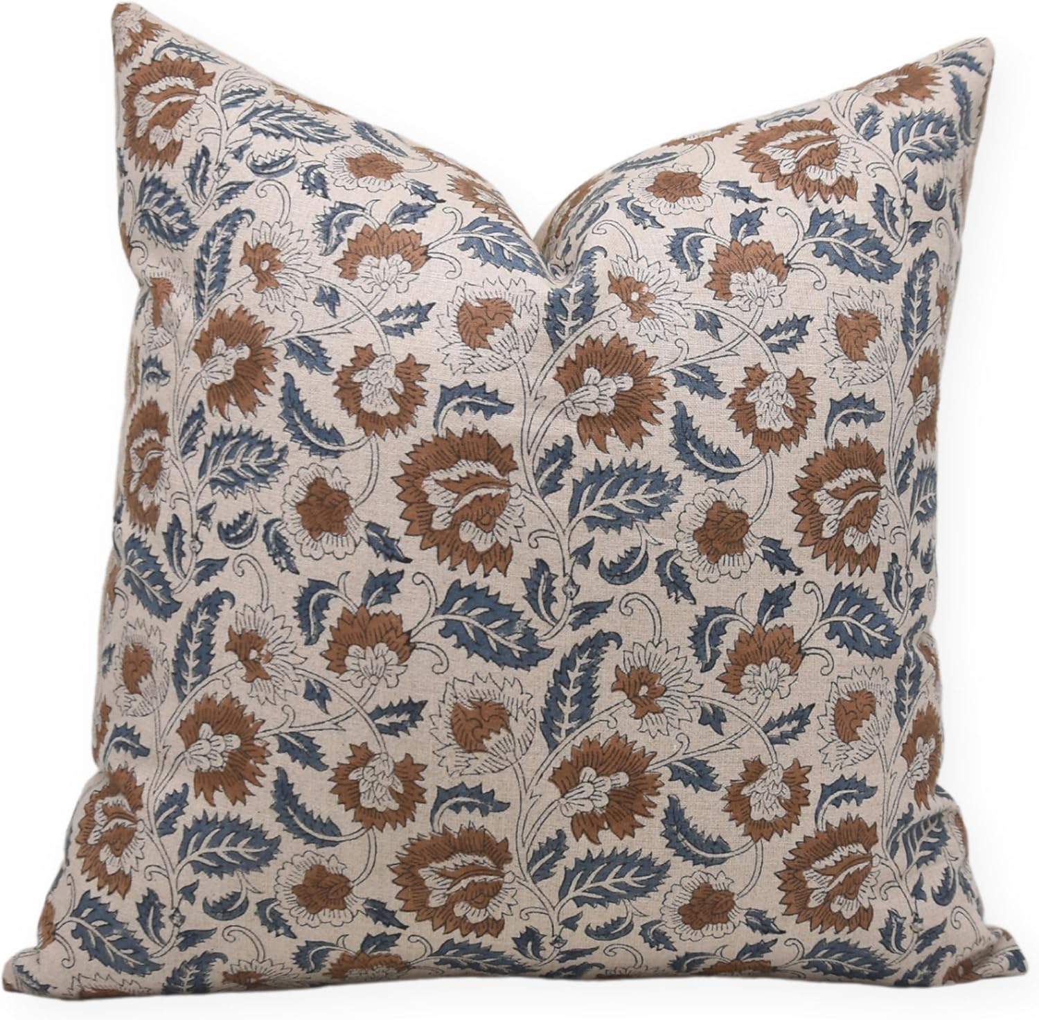 Handmade Block Print Pure Linen 26X26 Floral Throw Pillowcase Cushion Cover with Zipper for Sofa, Couch, Indoor, Outdoor, Fall, Summer Decoration, Boho Home Décor, Mandakani, Blue