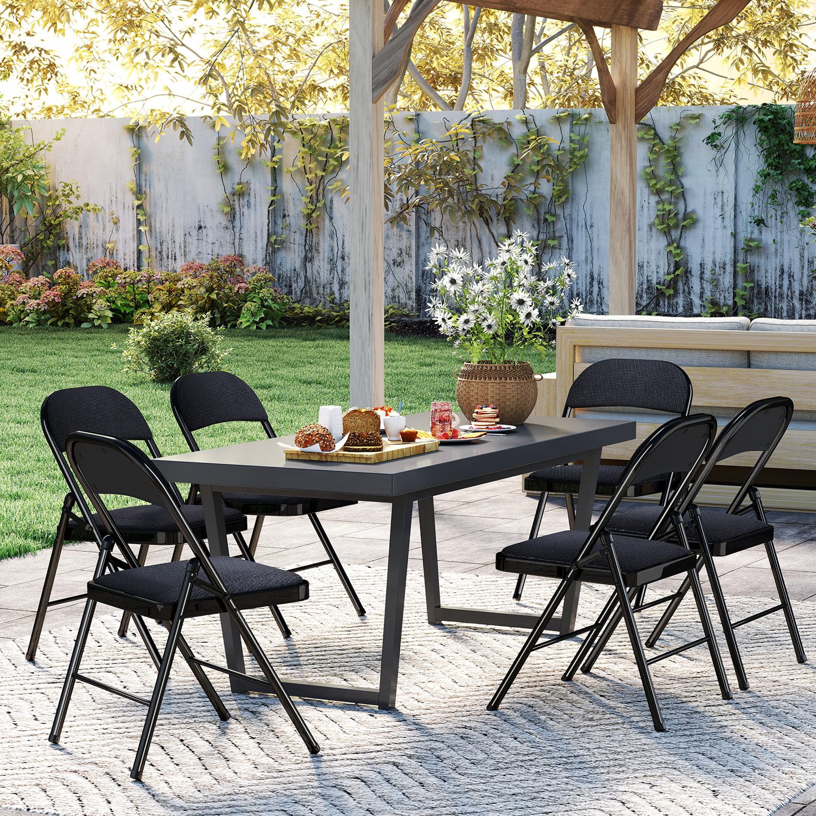 Campingstuhl 4er Set Gartenstühle, Metallstühle mit bequemer Rückenlehne und stabilem Stahlgestell, Klappstuhl Camping für Heim und Büro, Stühle für Indoor und Outdoor Events, Schwarz