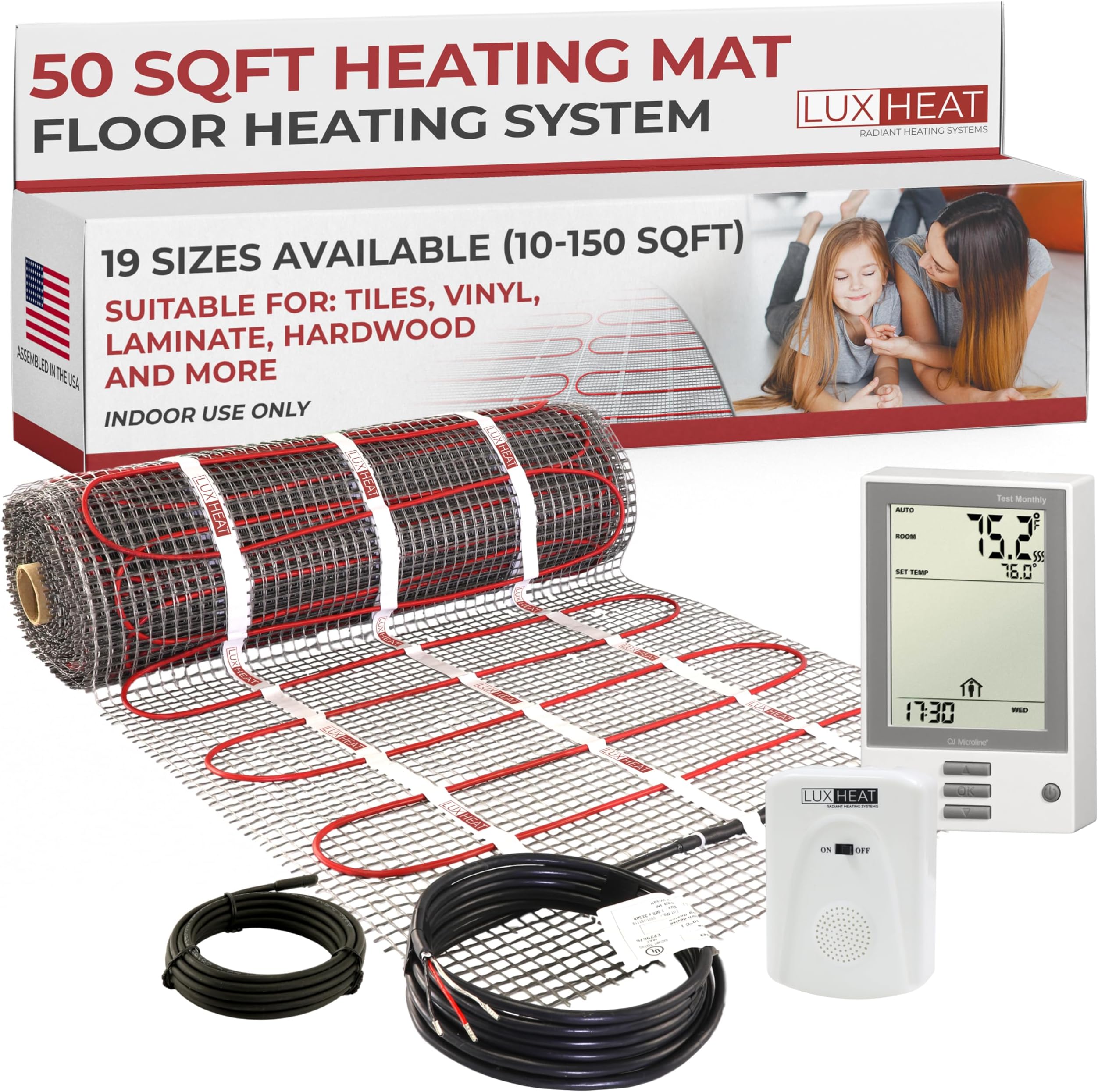 50sqft Floor Heating Mat Kit – 120v Electric Radiant Heated Floor Kit – Heated Flooring System for Tile & Laminate - Includes UDG Programmable Thermostat w/GFCI, Alarm & Sensor