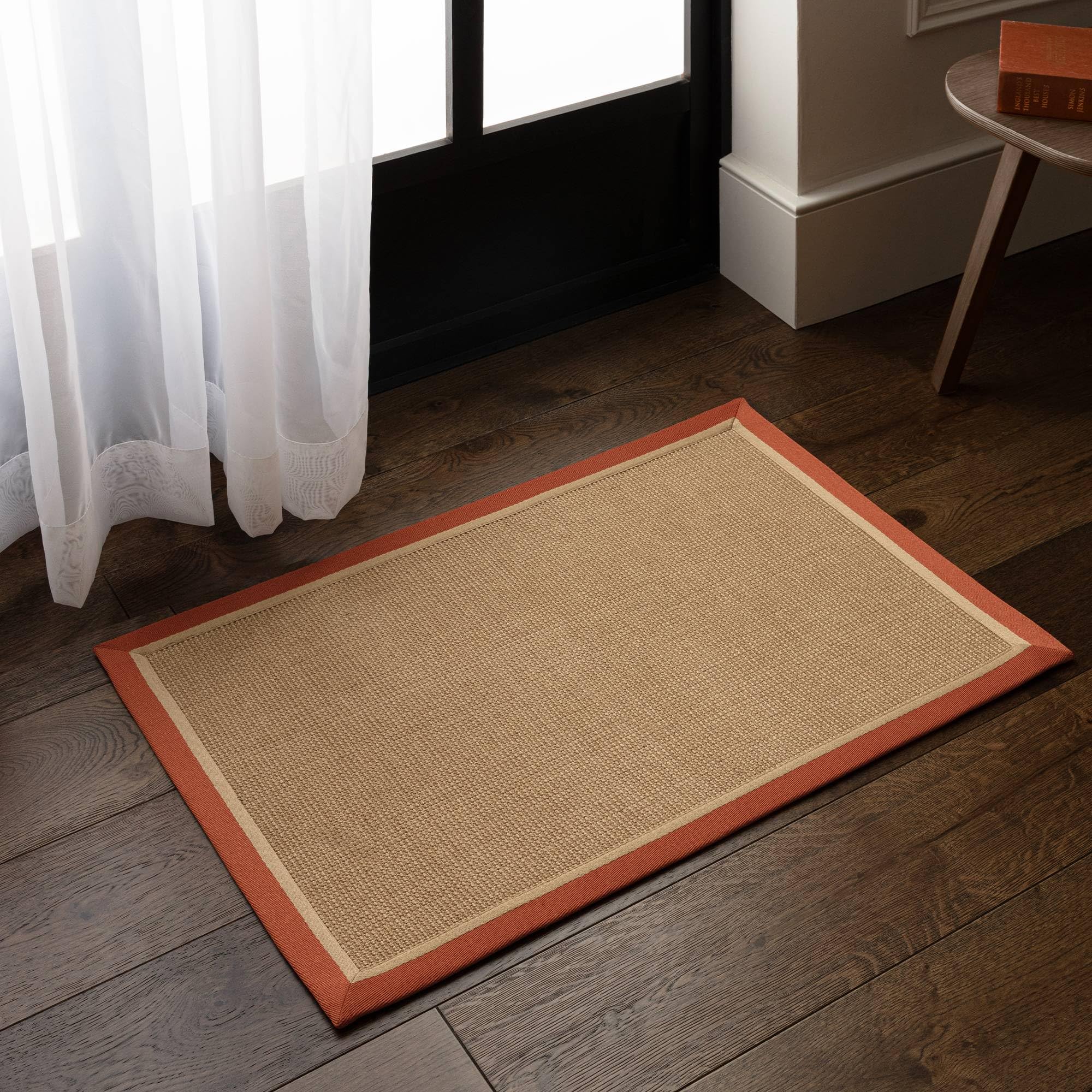 Lord of Rugs Natural Jute Flatweave Rug with Cotton Border LinoWeave Boucle Texture Beige Living Room Bedroom Dining Area Rug Rust Linen, Doormat 45 × 75 cm (1'4"x2'6")