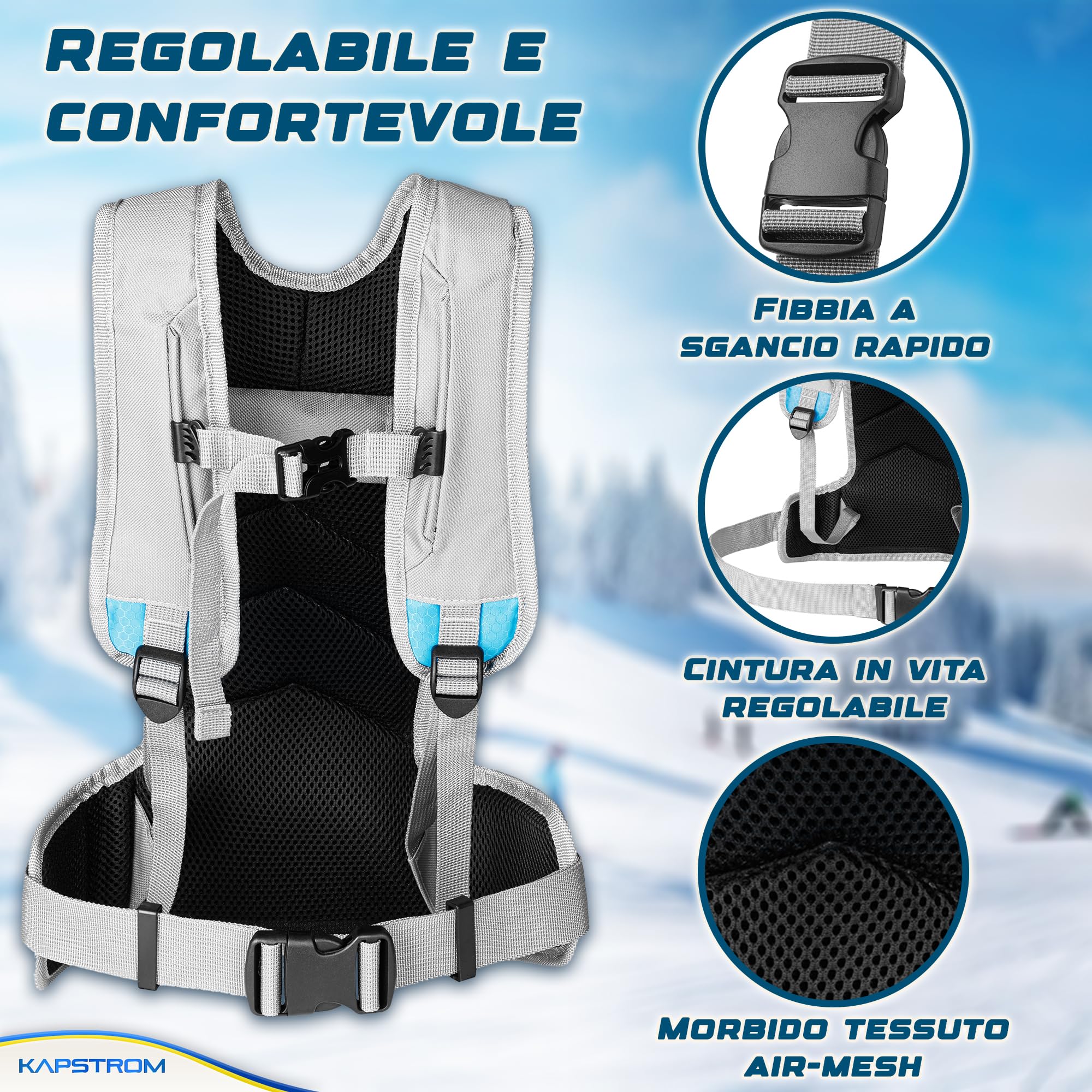 Imbragatura per allenamento sci e snowboard per bambini - 2 cinghie di guida per sterzare e controllare la velocità - Zaino per allenamento sci con spallacci regolabili