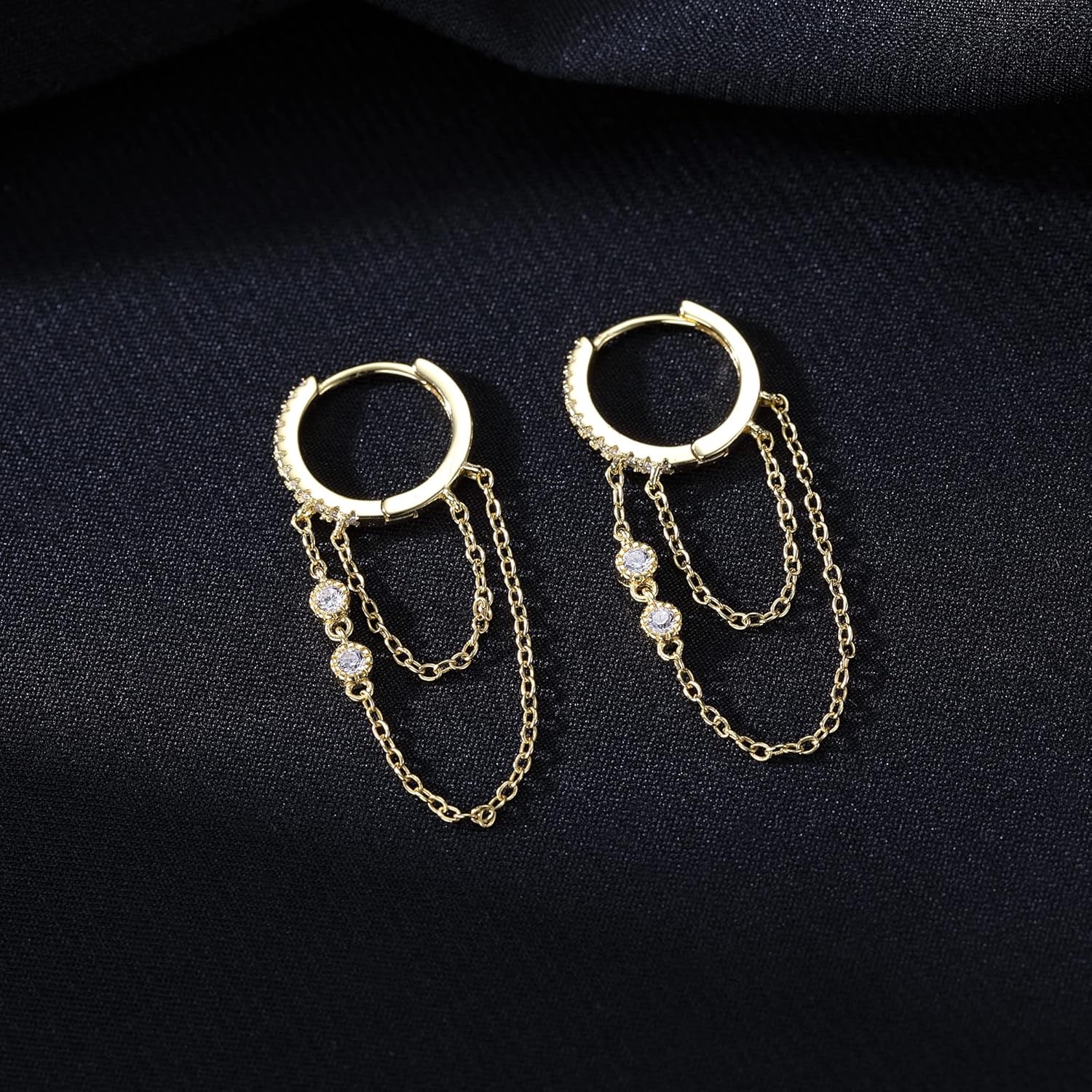 Reffeer 925 Sterling Silver Chain Drop Earrings Hoop for Women Teens CZ Hoop Chain Earrings Dangle