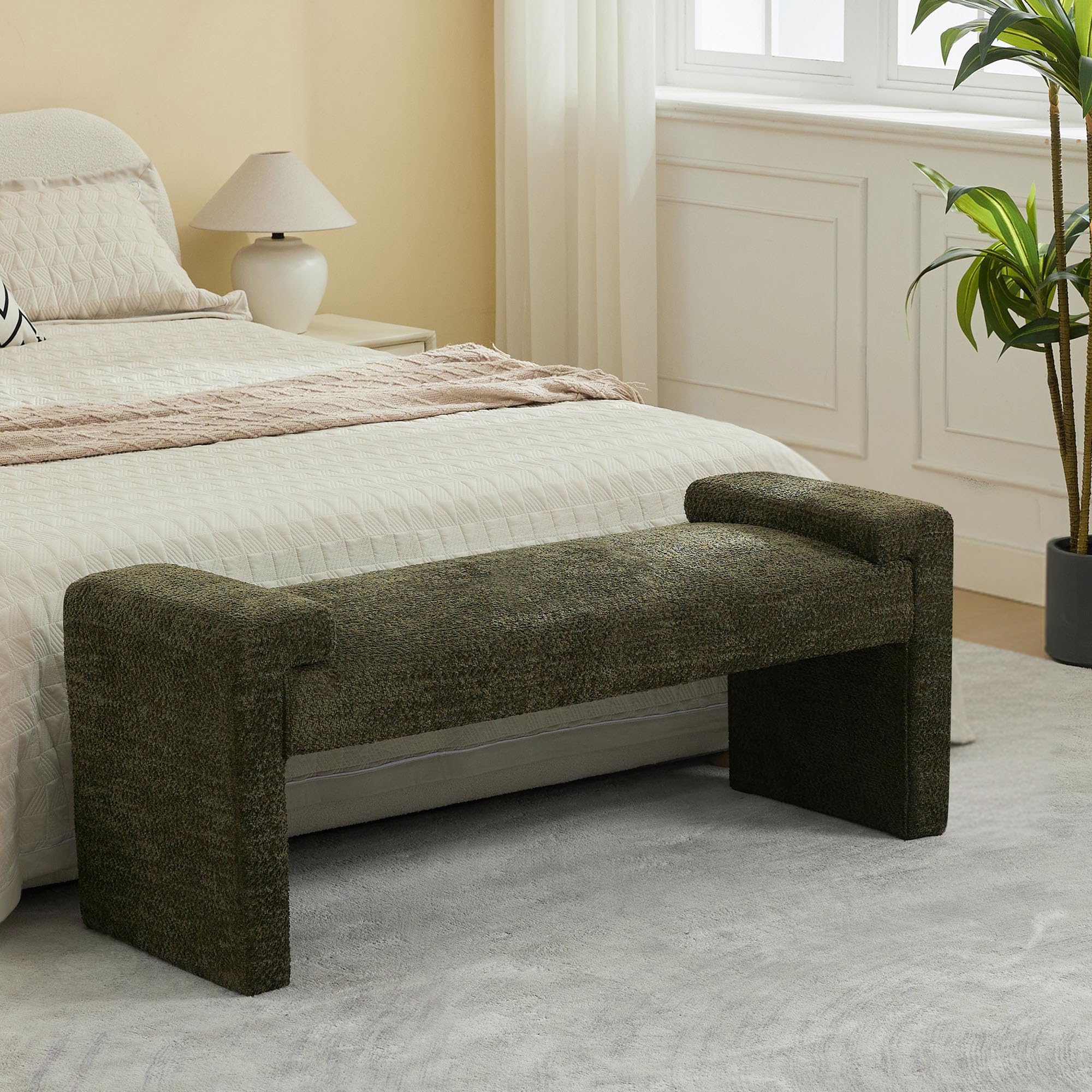43" End of Bed Bench Upholstered Modern Bedroom Bench for Living Room & Entryway, Easy Assembly, Footrest Ottoman Accent Window Bench with Solid Wood Frame & Curved Arm, Green