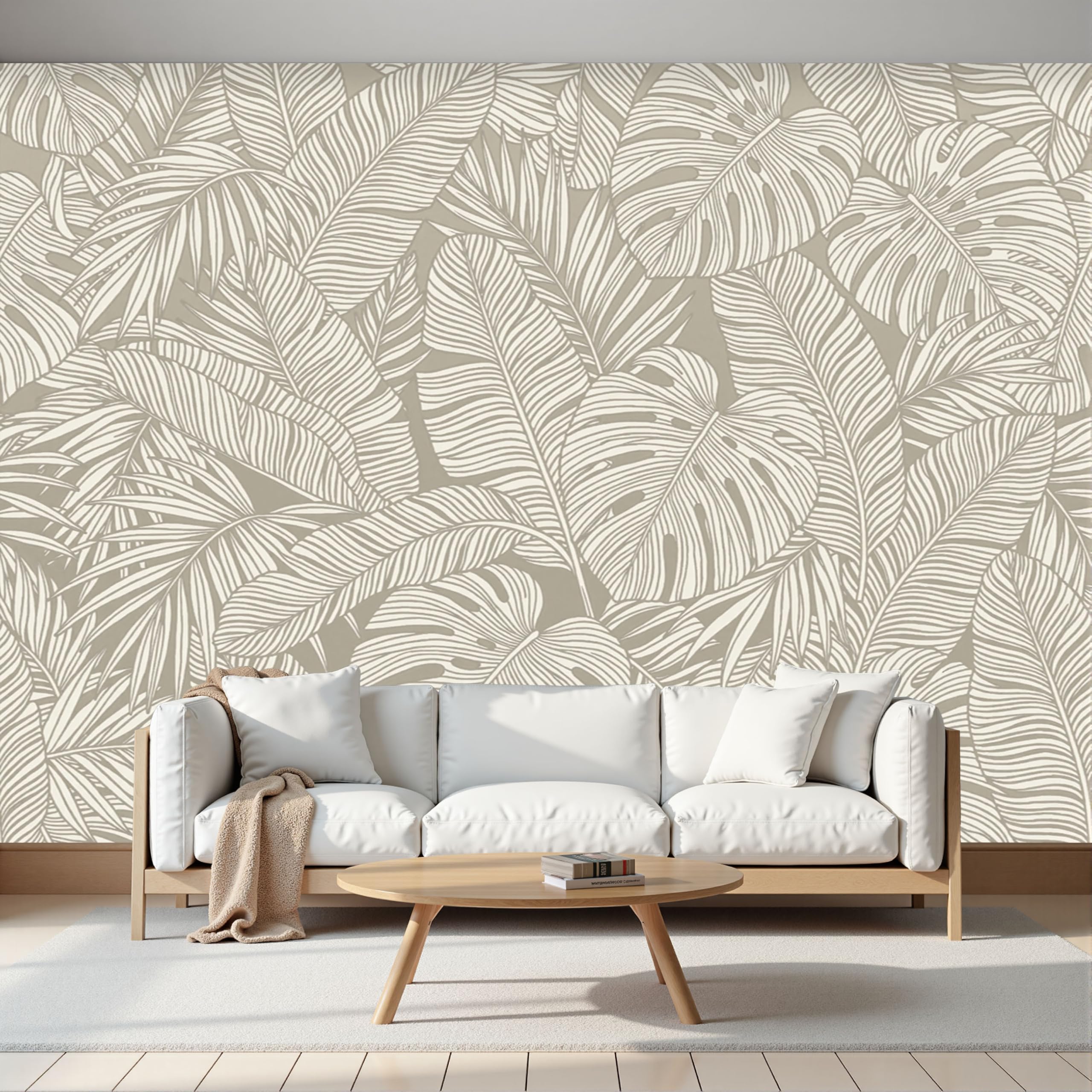 Tapisserie murale 3D gris clair avec motif palmier abstrait pour couloir et chambre