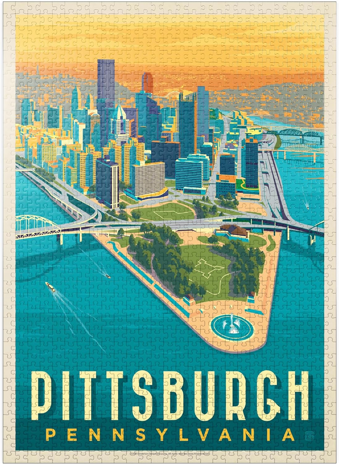 MyPuzzle Pittsburgh, PA: Bird's Eye View, Vintage Poster - Premium 1000 Piece Jigsaw Puzzle for Adults