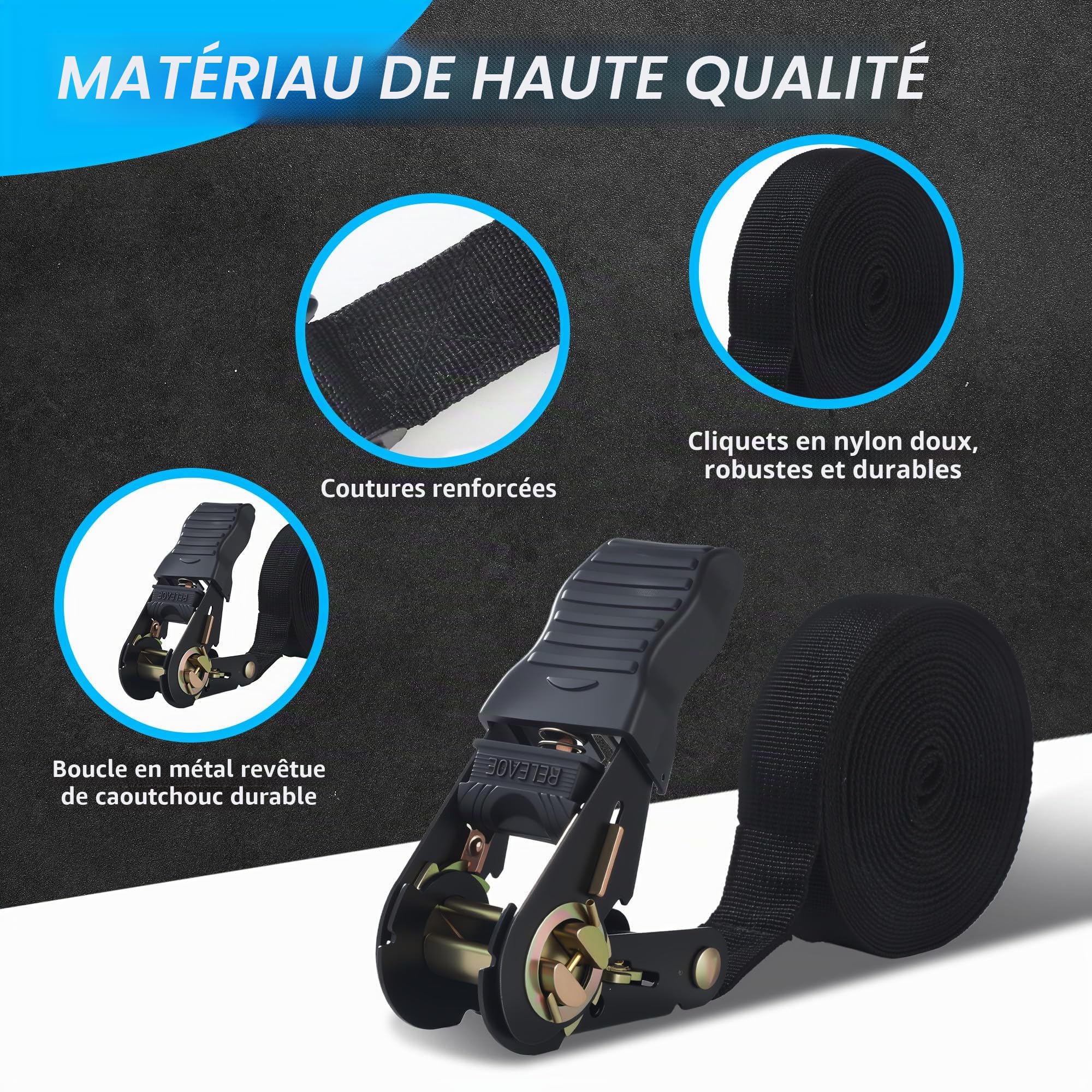 3 Pièces Noir Sangle a cliquet 6m x 25 mm, capacité de Charge de 1000 kg, Sangles à cliquer pour Camions, Voitures, Vélos, Sangle arrimage Din en 12195-2