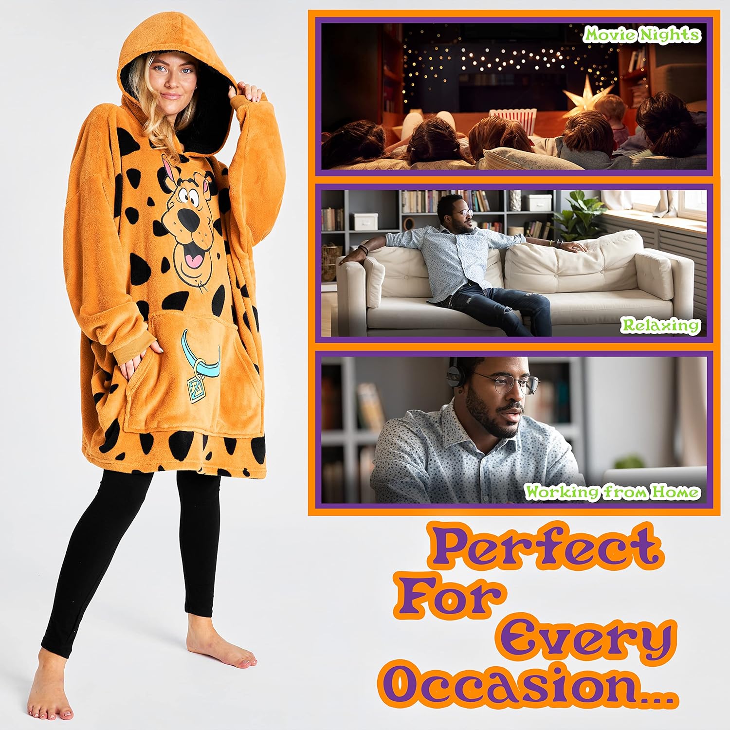 Scooby-Doo! Wearable Blanket for Women and Men, Hoodie Fleece Oversized Hooded Loungewear with Sherpa Hood and Pocket Brown