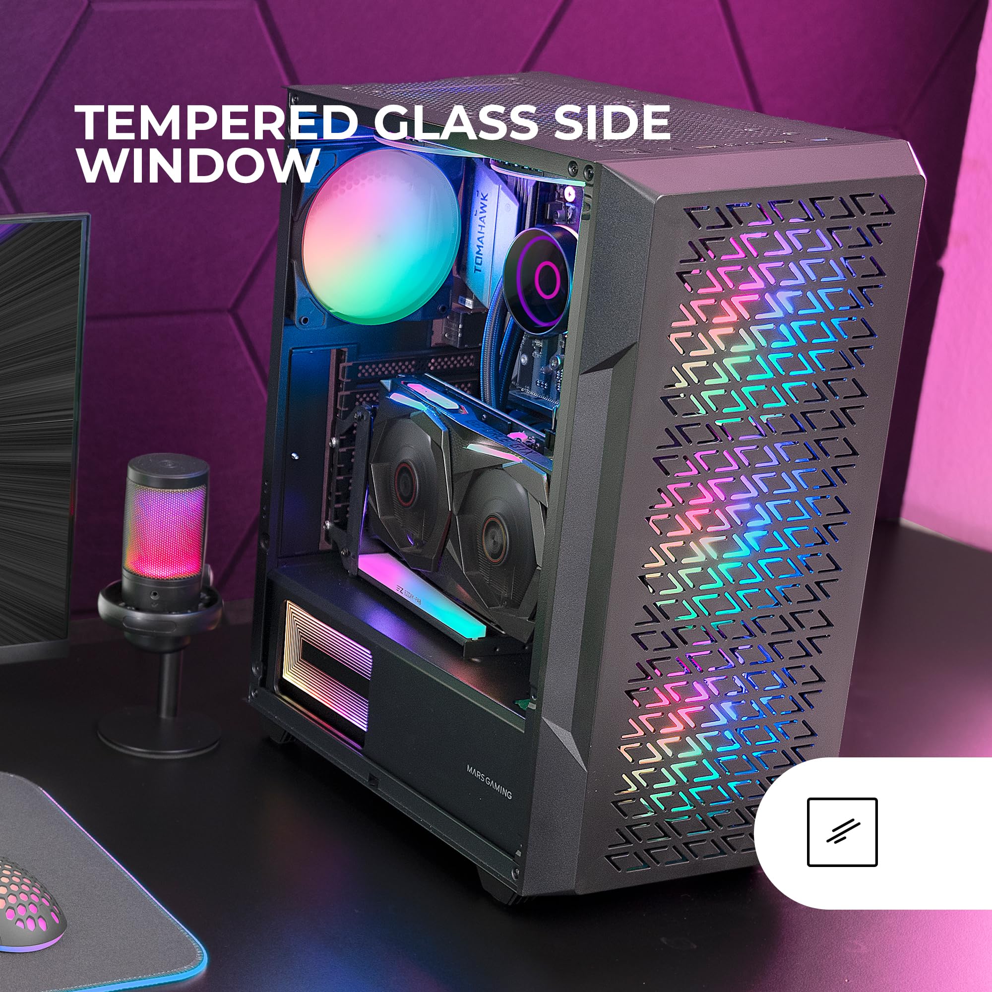 MARSGAMING MC-GEO, Case Gaming ATX, 4x Ventole FRGB Rainbow 12cm, Pannello Frontale Mesh Geometrico, Finestra Laterale Vetro Temperato, Semitorre Doppia Camera, Supporto Raffreddamento Liquido, Nero
