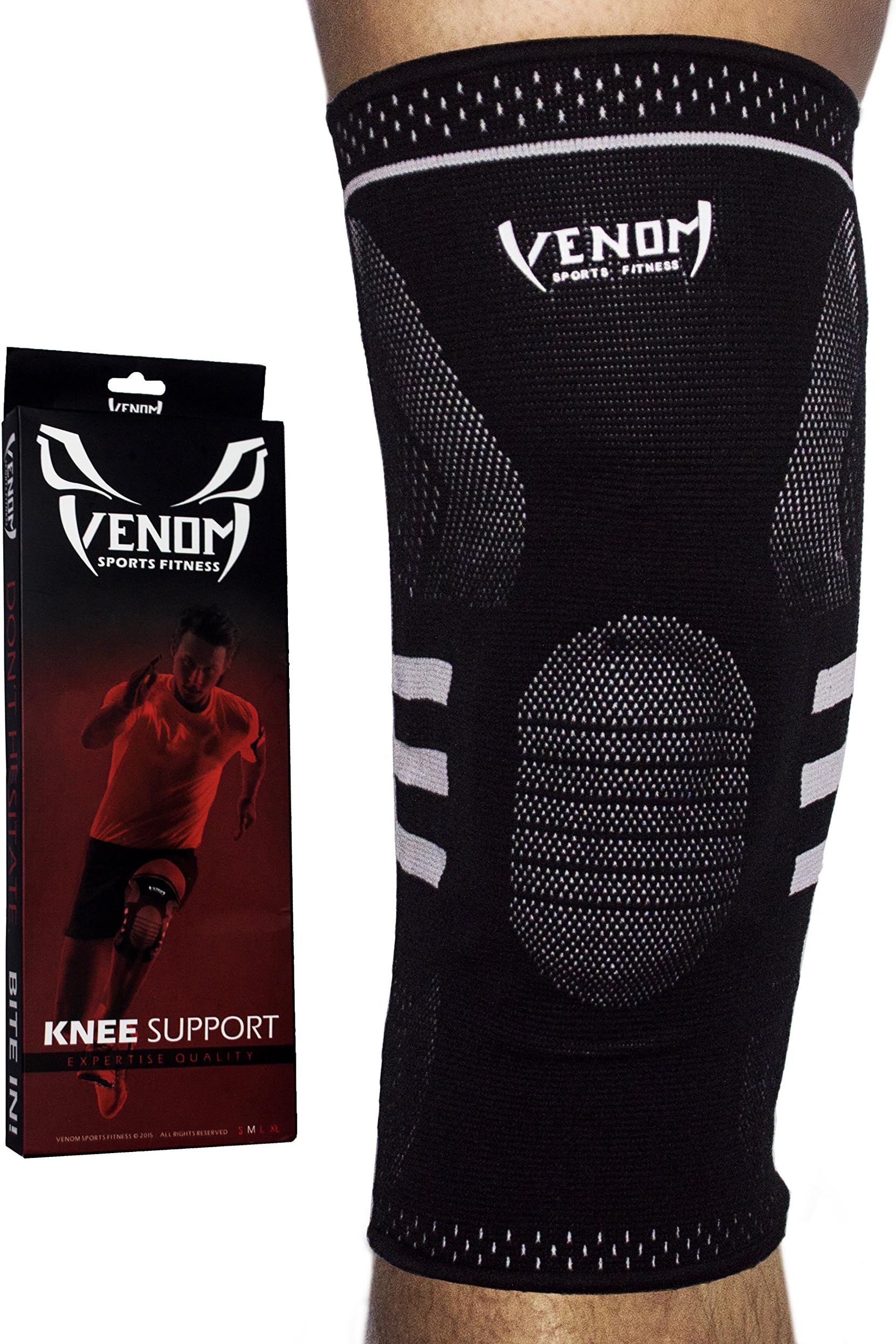 Venom Knee Sleeve Compression Brace - Elastic Support & Side Stabilizers, Runner's Knee, Jumper's Knee, Arthritis Pain, ACL, Basketball, Soccer, Crossfit, Lifting, Running, Sports, Men, Women (L)