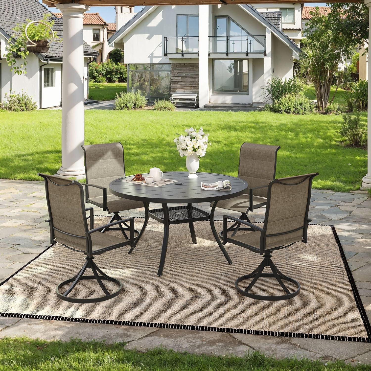 VICLLAX 5 Pieces Outdoor Dining Set, Patio Furniture Set Includes 40.6" Round Metal Table W/ 1.9" Umbrella Hole and 4 Padded Textilene Swivel Chairs for Porch, Lawn, Garden, Backyard