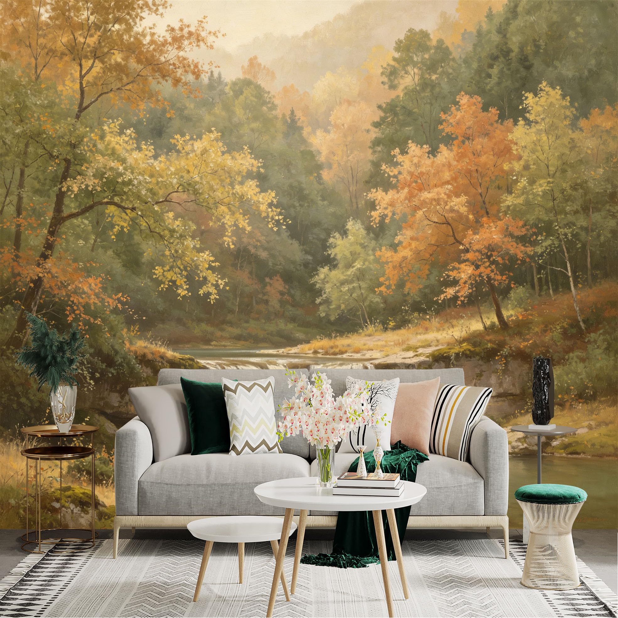 Lnzczhyre Dbh260521418 Custom Size Wall Sticker Mural， Autumn Forest Waterfall， Serene River Landscape， Golden Foliage Nature Scene， For Wall Decoration， Peelandstick Wall Decals.