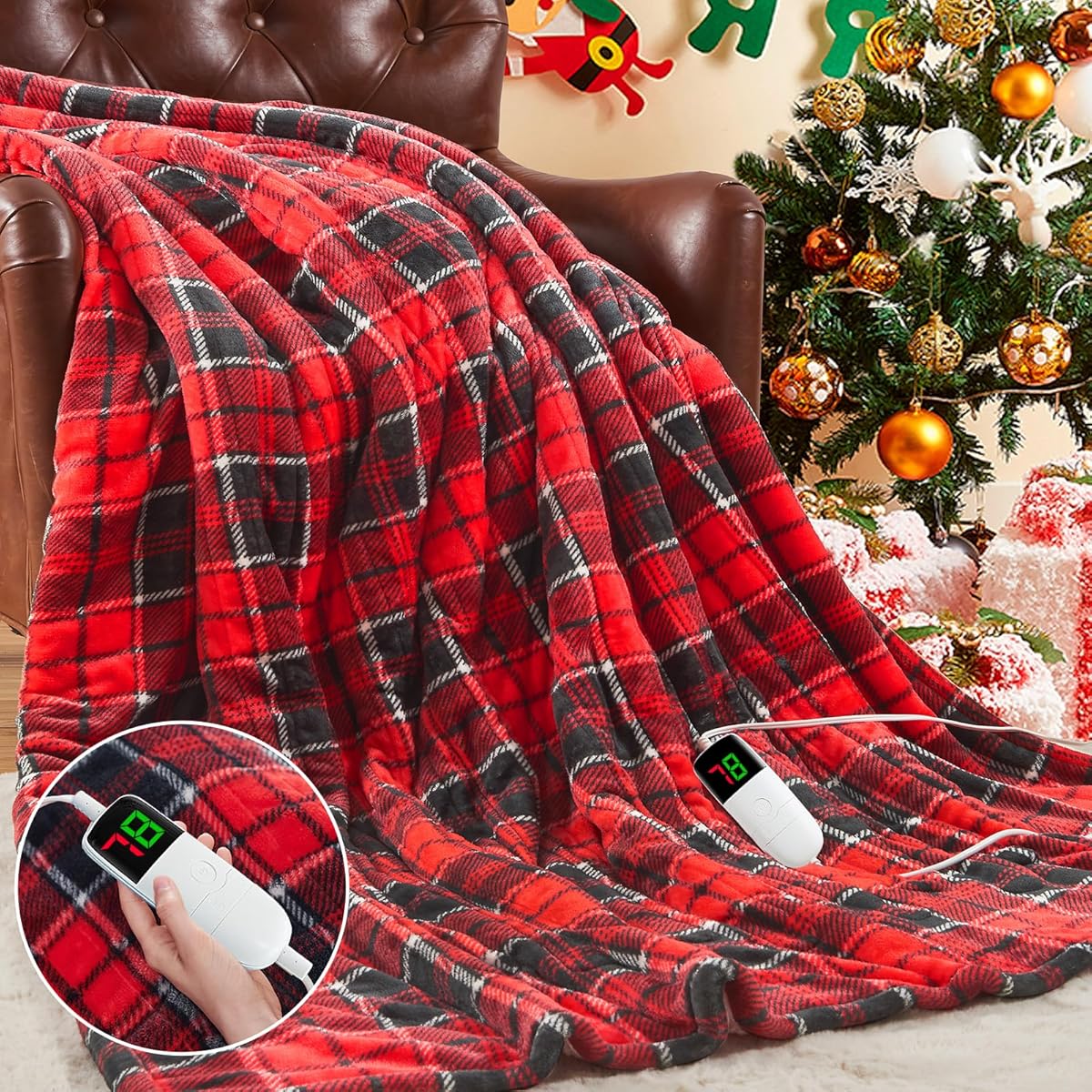 OCTROT Red Christmas Heated Blanket Electric Throw 50X60, Heating Throw Gift with 10 Heating Levels & 8 Hours Auto Off, Plaid Checkered Sherpa Blanket Warmer for Adults, Couch Bed Office Use