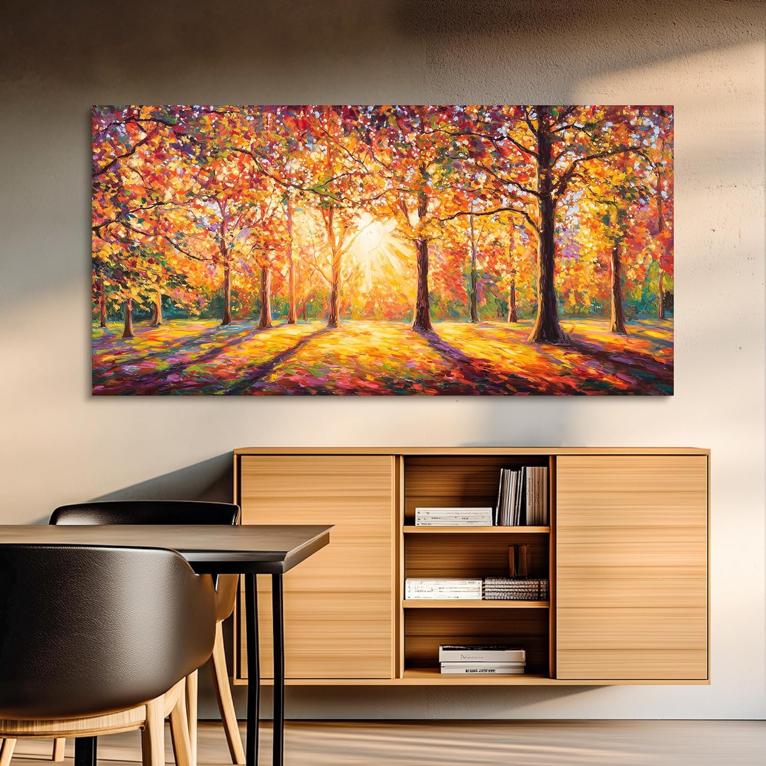 SLYCAY Oversized Large Sunny Forest Canvas Wall Art Prints, Fall Wall Decor Golden Orange Red Tree Landscape Rustic Farmhouse Decor, Country Autumn Sunlight Artwork Bedroom Bathroom Office 29"X58"
