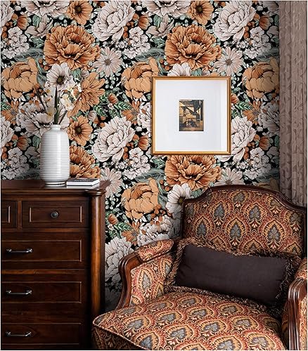 Miniatura 3 de HAOKHOME 93191 - Papel tapiz floral vintage para despegar y pegar removible gran peonía negronaranjarosa mural autoadhesivo 177 x 65 pies
