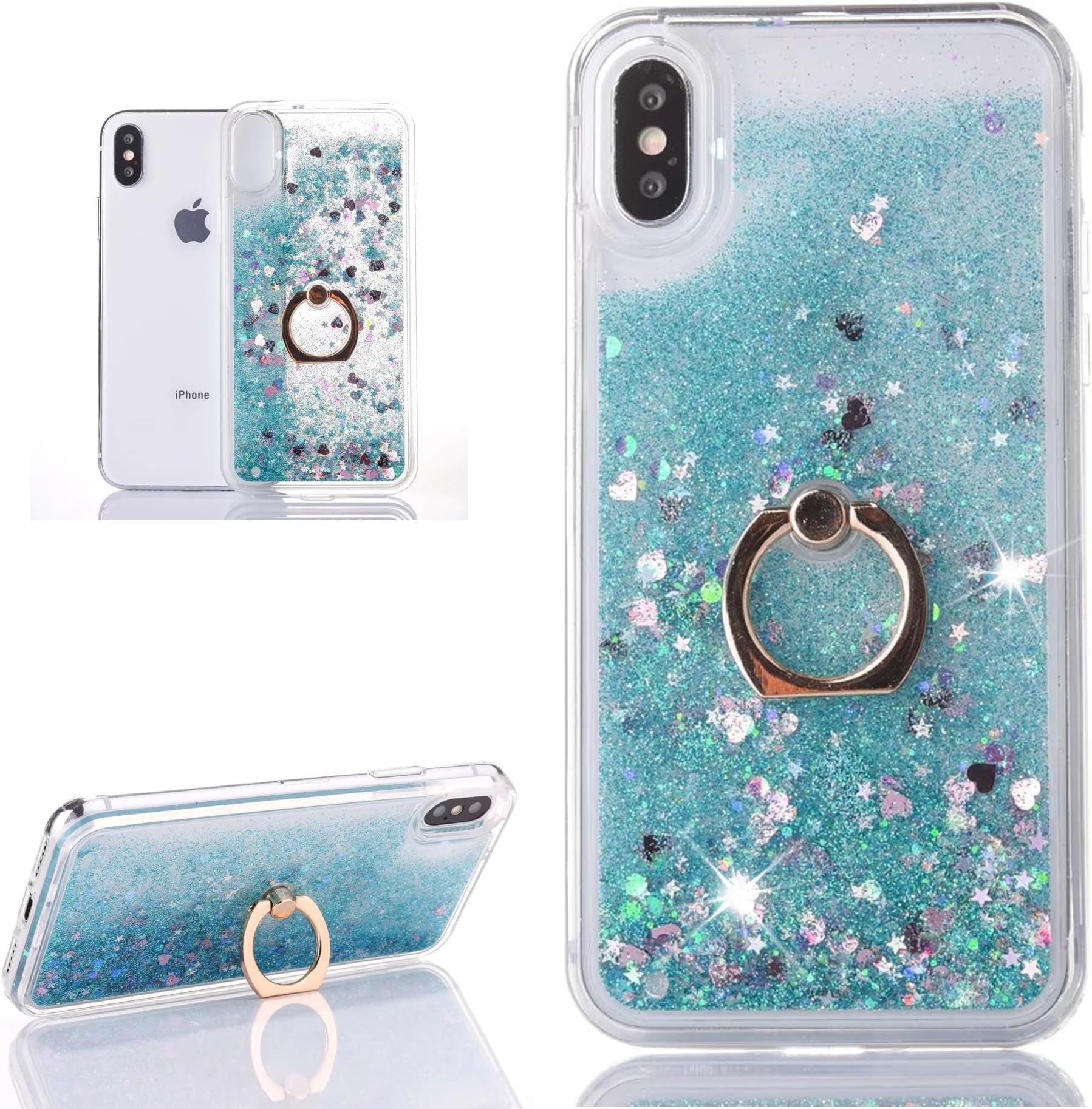 ZCRO Case for iPhone X, Case Cover Bling Glitter Sparkle Liquid Hard Case Transparent Clear Silicone Soft TPU Frame Bumper Protective Cover Shell with Ring Holder Stand for iPhone X (Green)