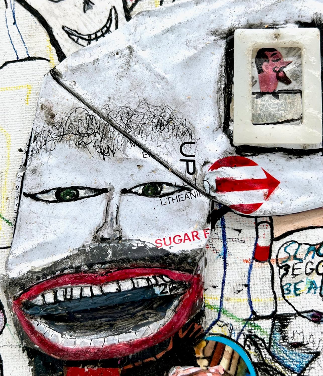 UP TIME Black Red White Fish Dino Cheetah Bear Guru Skull Mixed Media Collage Painting - Steven Tannenbaum Original 8x10