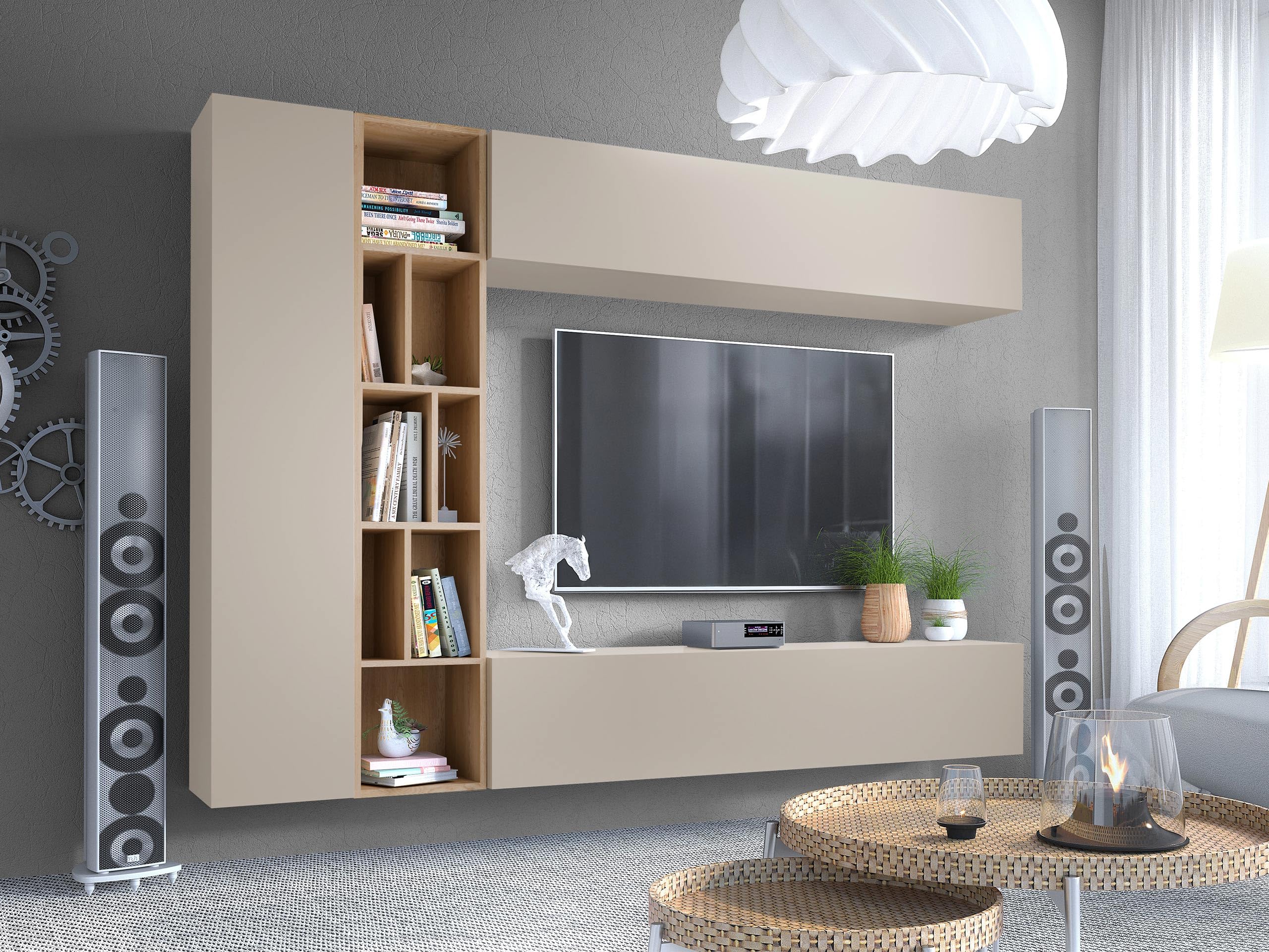 Mirjan24 Wohnwand Kodita, Anbauwand, Fernsehschrank, Schrankwand, Mediawand, Wandregal, Schrank, TV-Lowboard (Cashmere/Eiche Cremona)