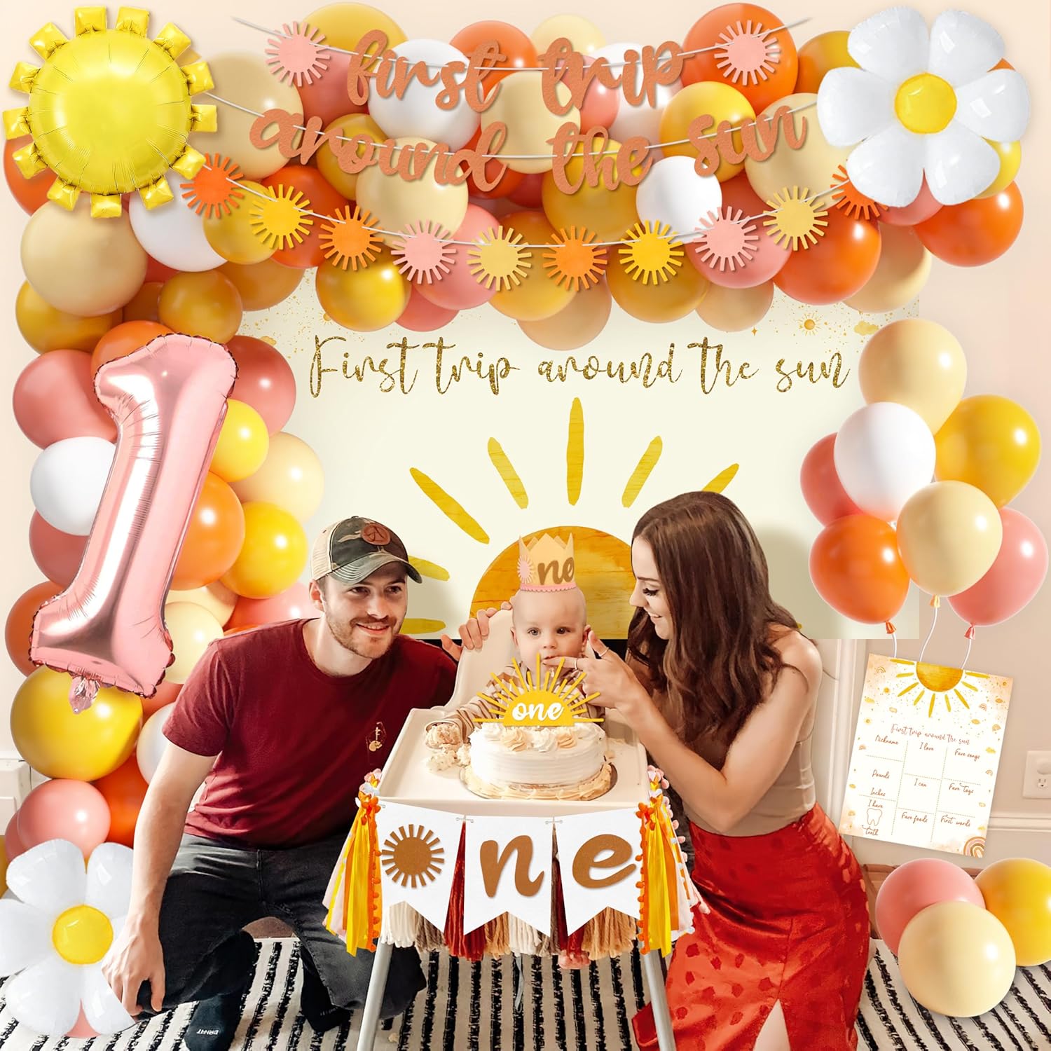 First Trip Around The Sun Birthday Decorations for Girl Boho Sun 1st Birthday Supplies with Backdrop Balloons Garland Monthly Photo Banner for Sun Theme Party
