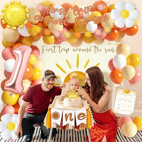 Miniatura 7 de Decoraciones de cumpleaños para el primer viaje alrededor del sol para niña, suministros de primer cumpleaños con globos de fondo, guirnalda mensual