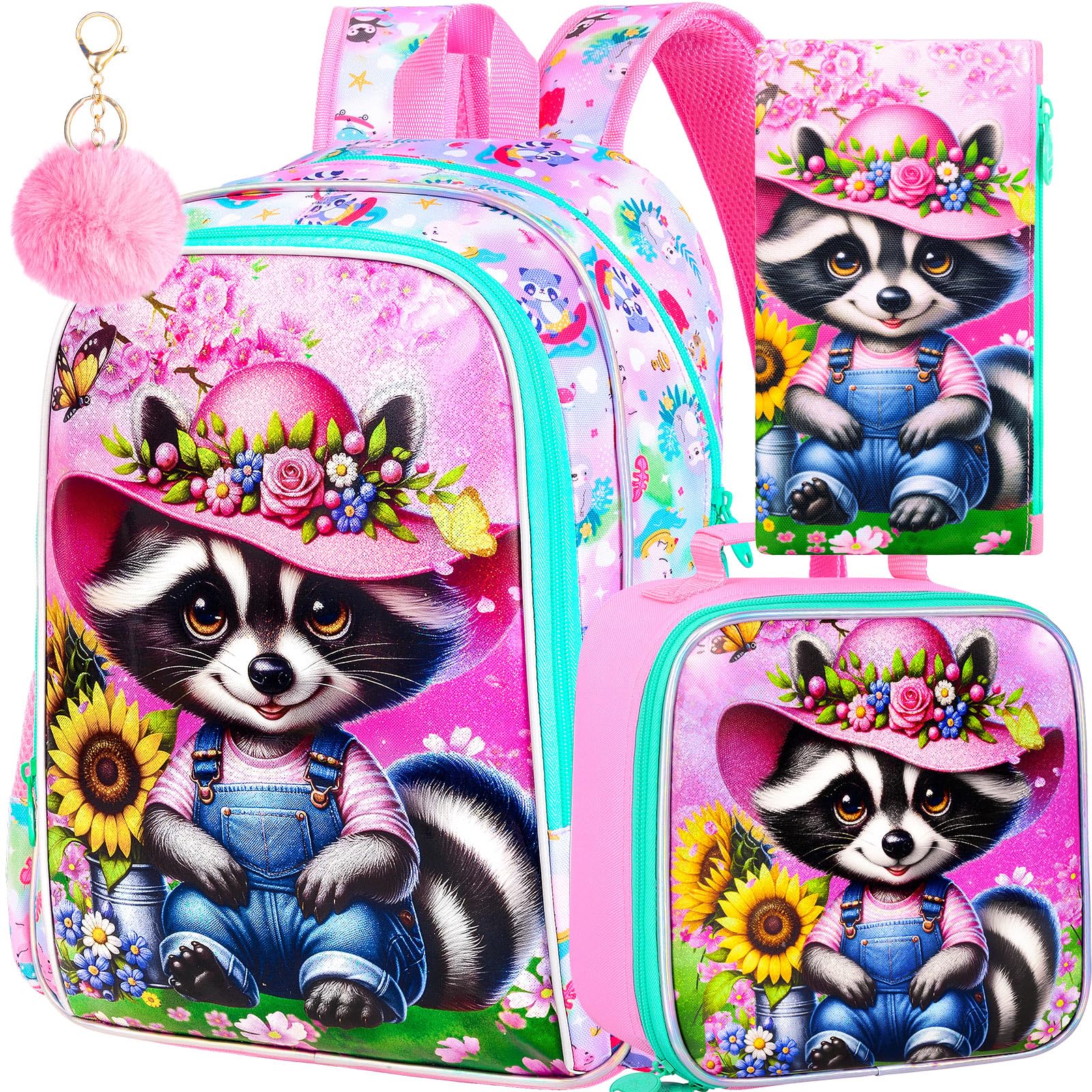 AGSDON 3PCS Raccoon Backpacks for Girls, 16" Kids Reflective Elementary Backpack with Lunch Box, Water Resistant School Bags Set for Preschool Toddler