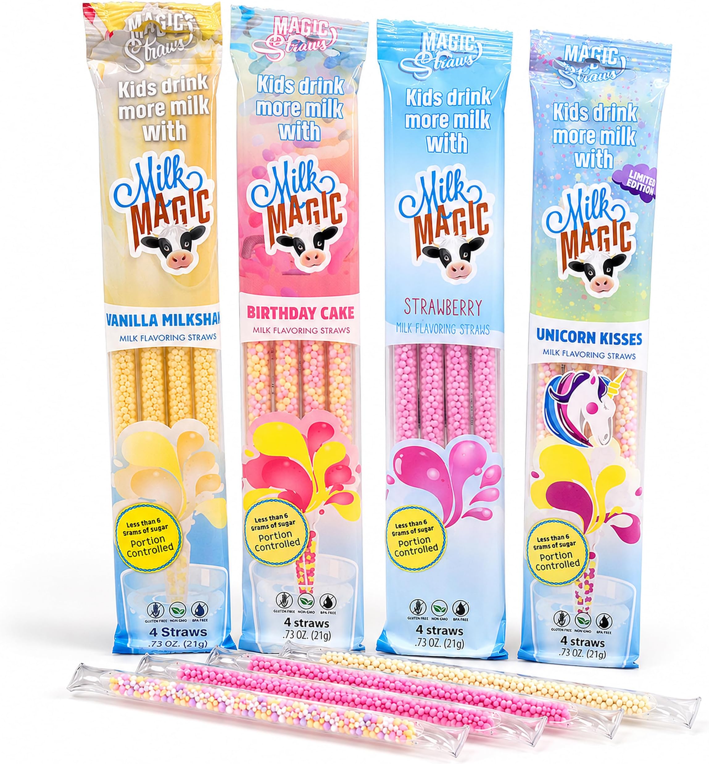Milk Magic Flavored Straws for Kids | 16 Pack Variety Bundle | Low Sugar & Delicious Milk Flavoring Vanilla Milkshake, Birthday Cake, Strawberry & Unicorn Kisses Straws | Gluten-Free & BPA-Free