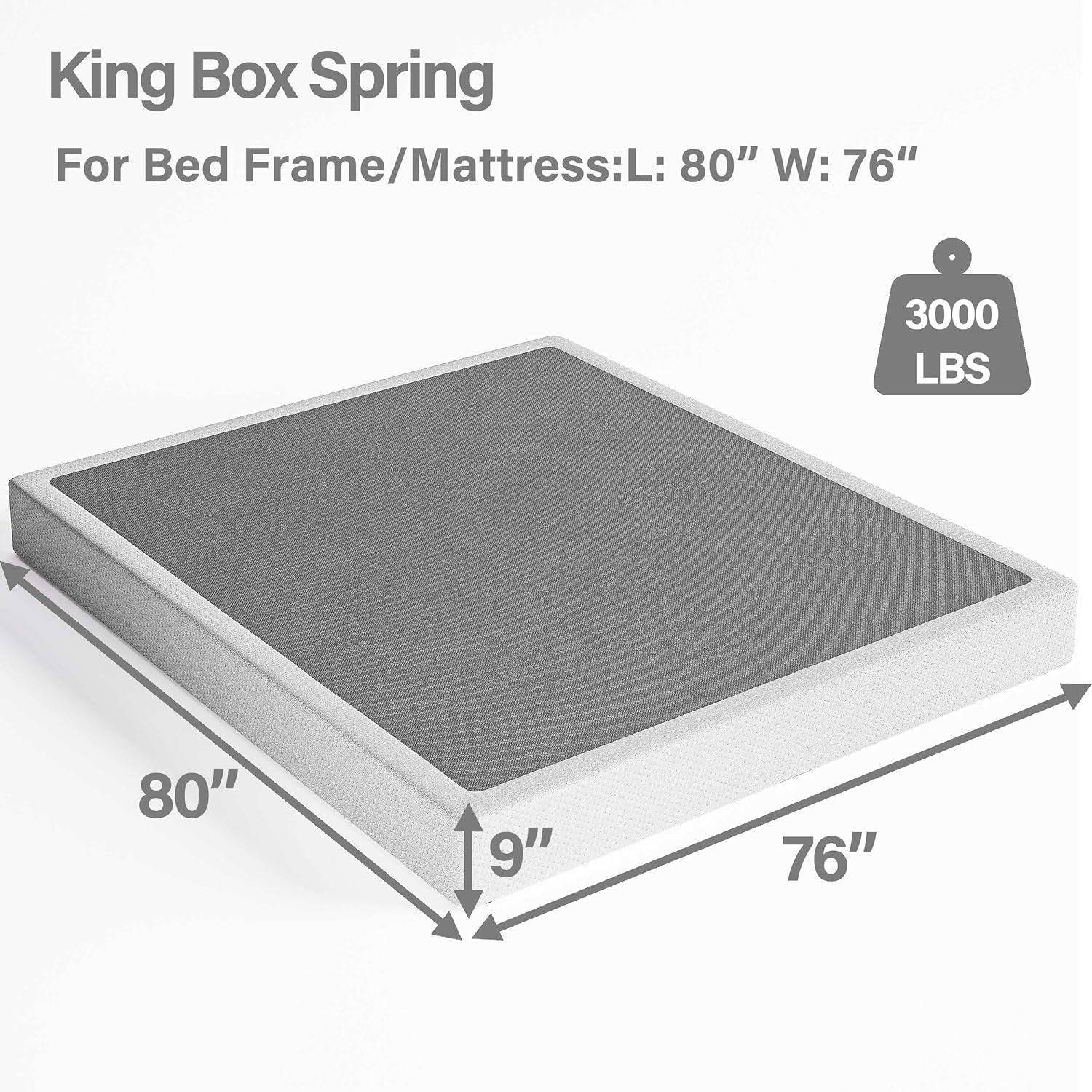 Box Spring King，9 Inch Metal Box-Spring Only, Mattress Foundation, Heavy Duty Structure with Fabric Cover, Noise Free, Non-Slip, Easy Assembly