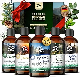 NORDHOLZ® Saunaaufguss Set [5x100ml Atemfrei] besonderes & natürliches Sauna Aufgussmittel - intensiver & erholsamer Duft - Sauna Zubehör