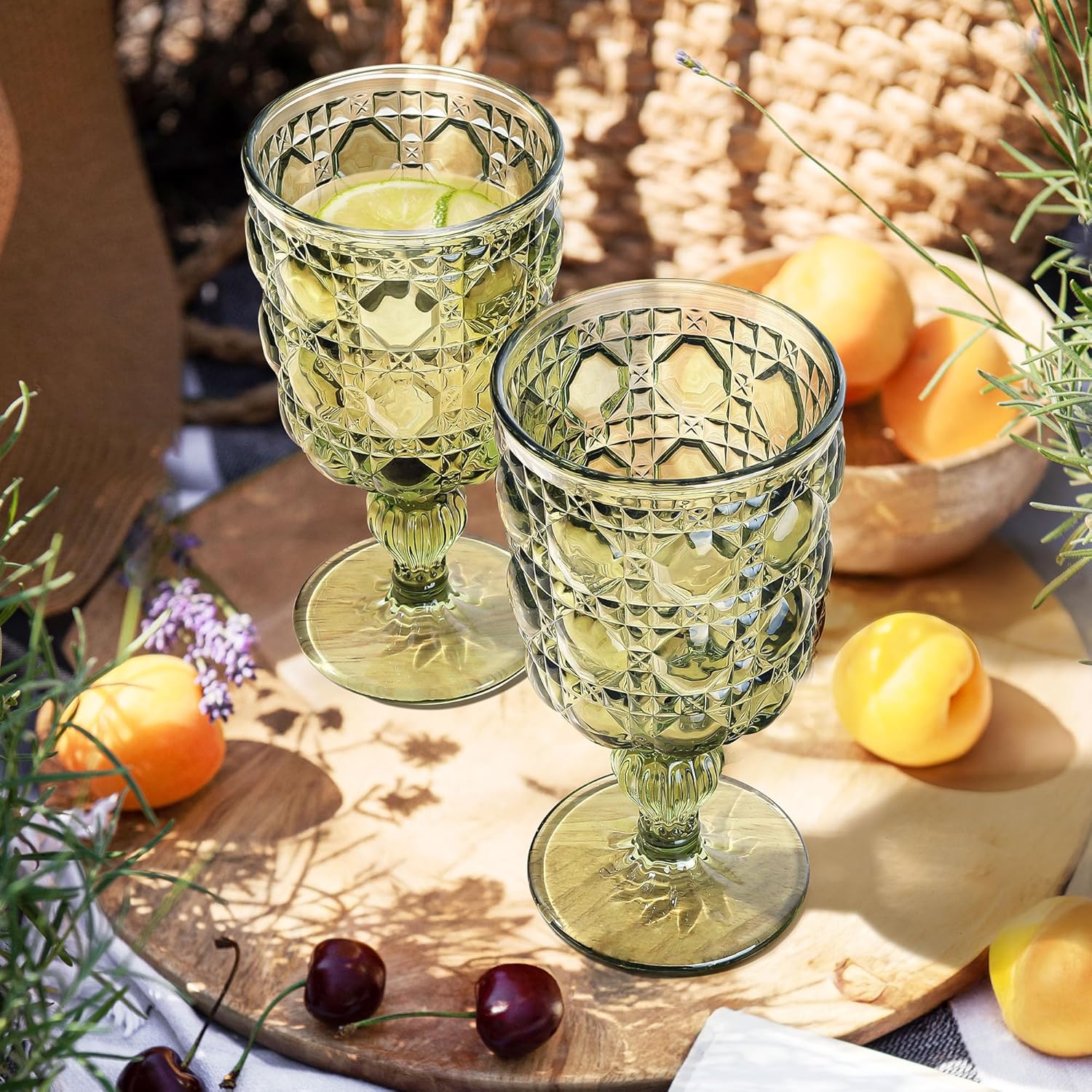 Joeyan Green Wine Glasses,Vintage Glass Wine Goblet,Embossed Colored Gemstone Stemmed Drinking Glasses,Glassware for Christmas Party Wedding,10 oz,Set of 4, Dishwasher Safe - Image 2