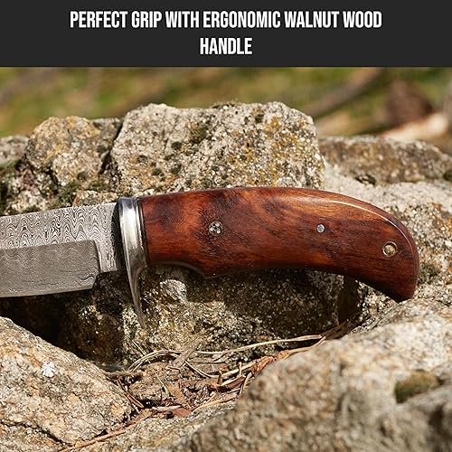 Miniatura 4 de BIGCAT ROAR Cuchillo de caza hecho a mano, cuchillo de caza de hoja fija de espiga completa Bushcraft con funda y mango de madera de nogal, cuchillo