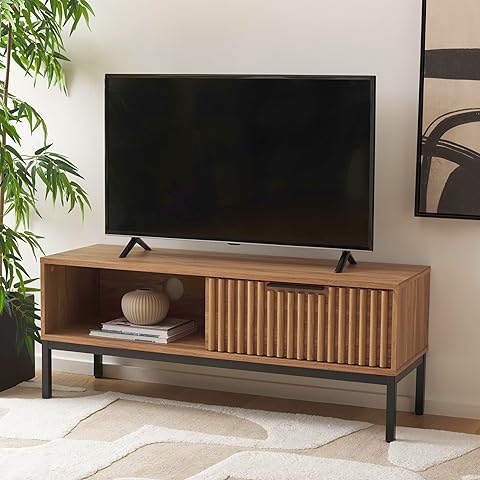 SAFAVIEH Lylia TV Stand for up to 55" Flatscreen &ndash; Oak with Black Legs & Handle, 1 Sliding Door, 1 Open Shelf, Entertainment Media Console (MED9617D)
