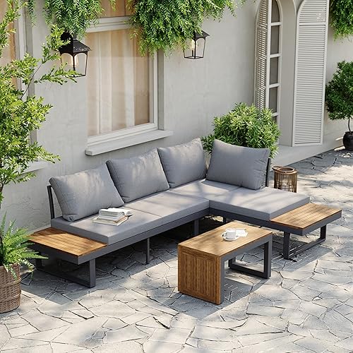 homary 4-Seater Outdoor Teak Sectional Sofa Set, Variable Patio Furniture with Cushions & Built-in Side Table Weather-Resistant Patio Furniture for Garden, Deck & Backyard