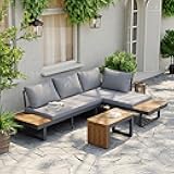 homary 4-Seater Outdoor Teak Sectional Sofa Set, Variable Patio Furniture with Cushions & Built-in Side Table Weather-Resistant Patio Furniture for Garden, Deck & Backyard