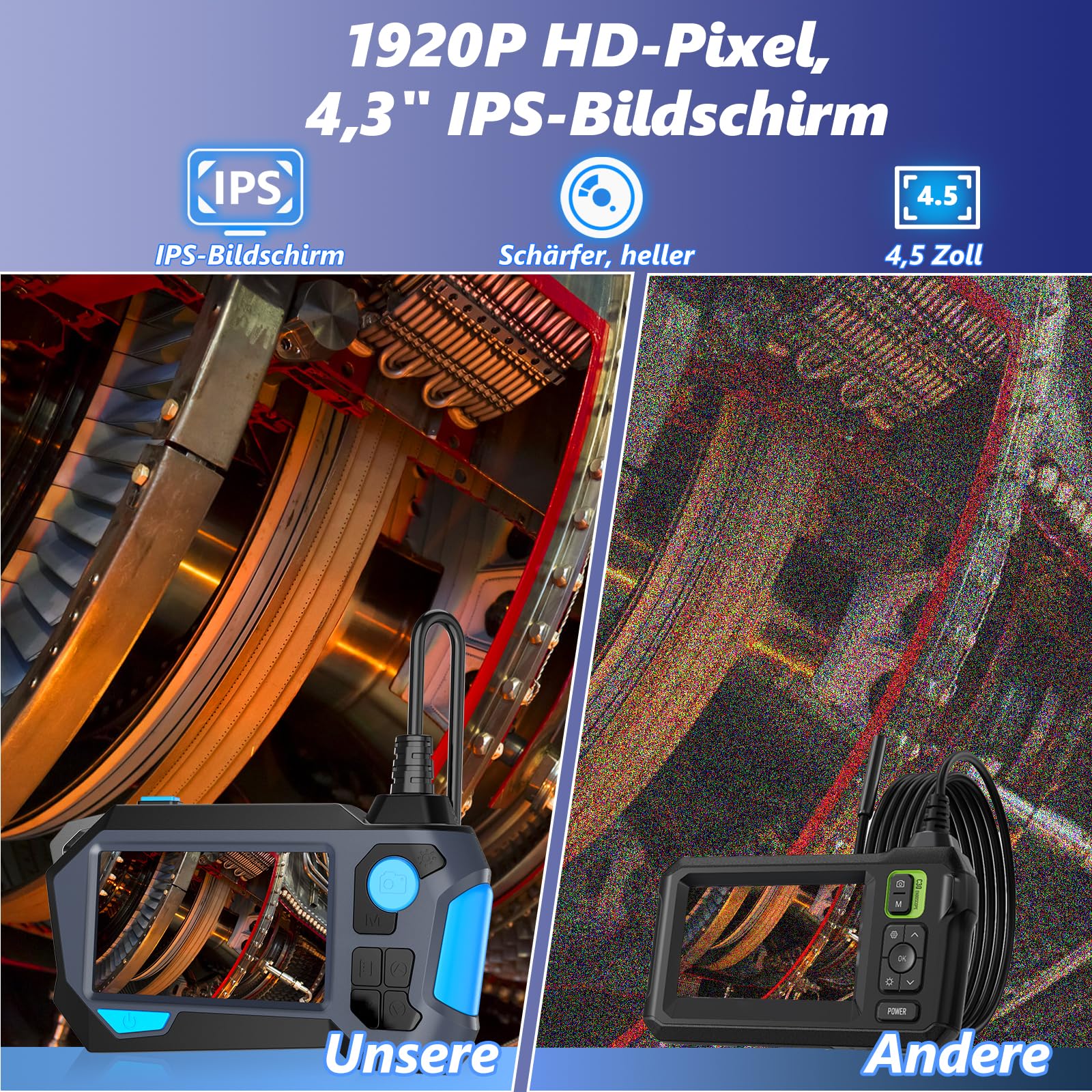 Endoskopkamera mit Licht, Ferdiiz 1920P HD Dual-Objektiv mit 720° Zwei-Wege-Drehung, Endoskopkamera Beweglicher Kopf mit 4,5” IPS Bildschirm, IP68 Halbstarre Rohrkamera, 8+1 LED-Inspektionskamera - 5M