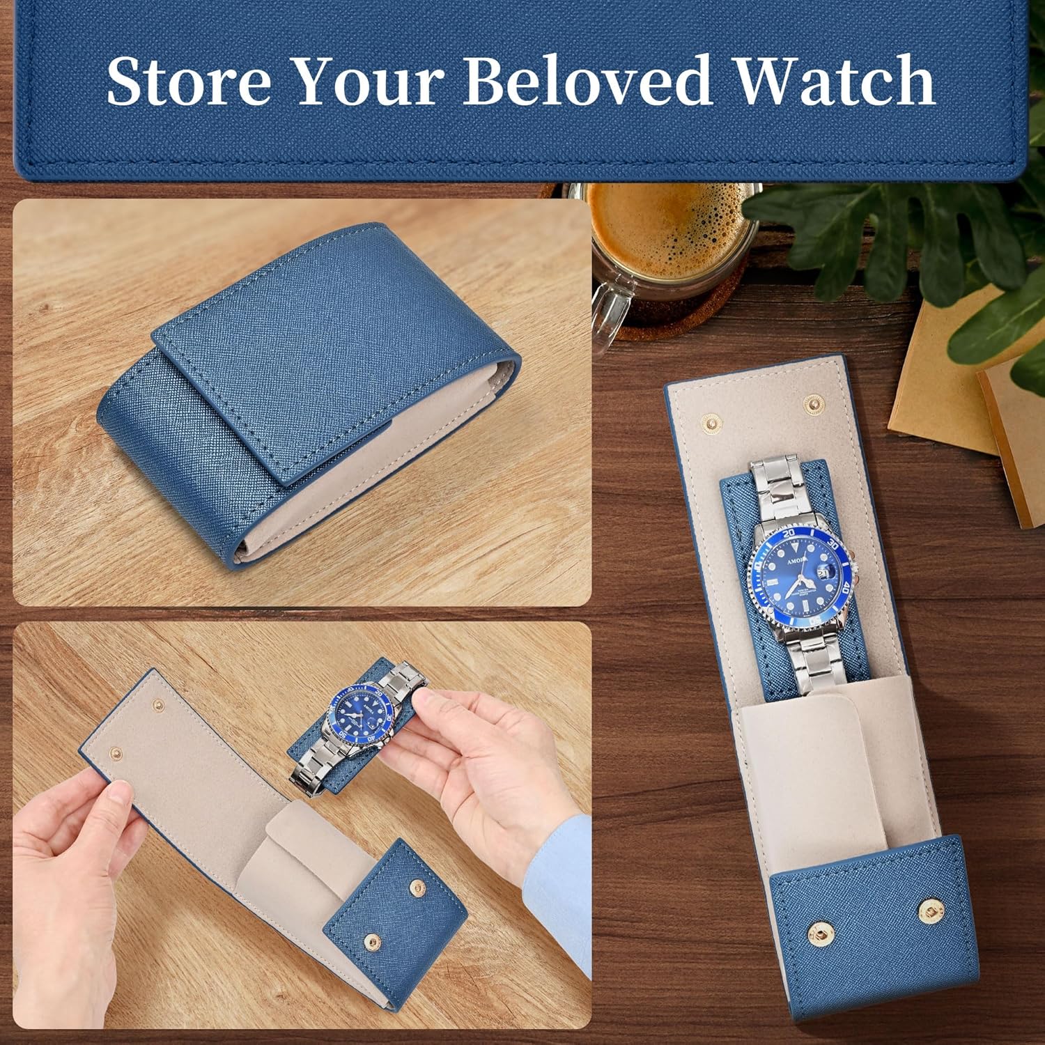 Travel Leather Watch Pouch/Watch Travel Case with Suede Lining/Luxury Leather Travel Watch Case Single Watch Pouch for Men and Women