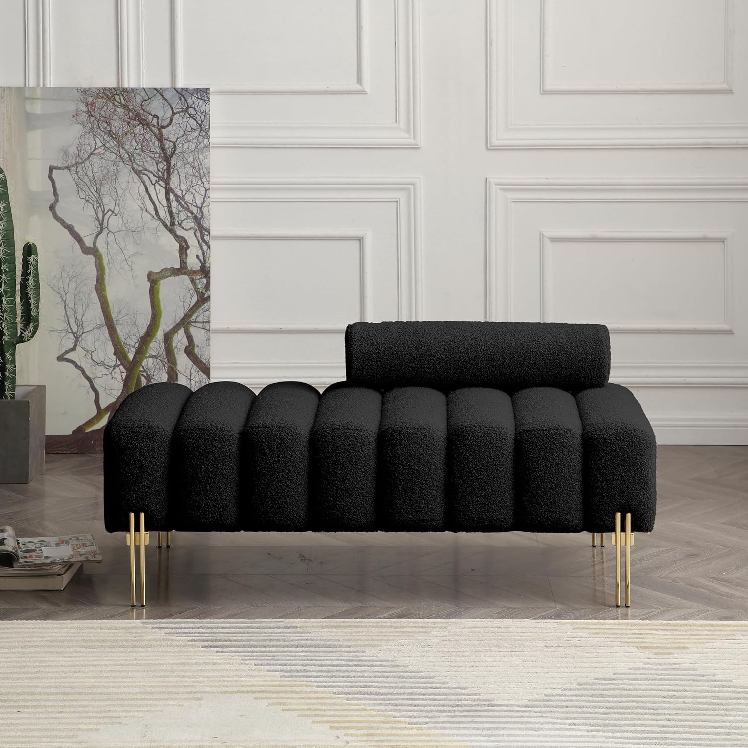 Ball & Cast 53.2" Upholstered Entryway Bench,Morden Channel Tufted Ottoman with Adjustable Back, Boucle Sofa Footrest with Golden Metal Legs for Living Room, Bed Room, Hallway,Black