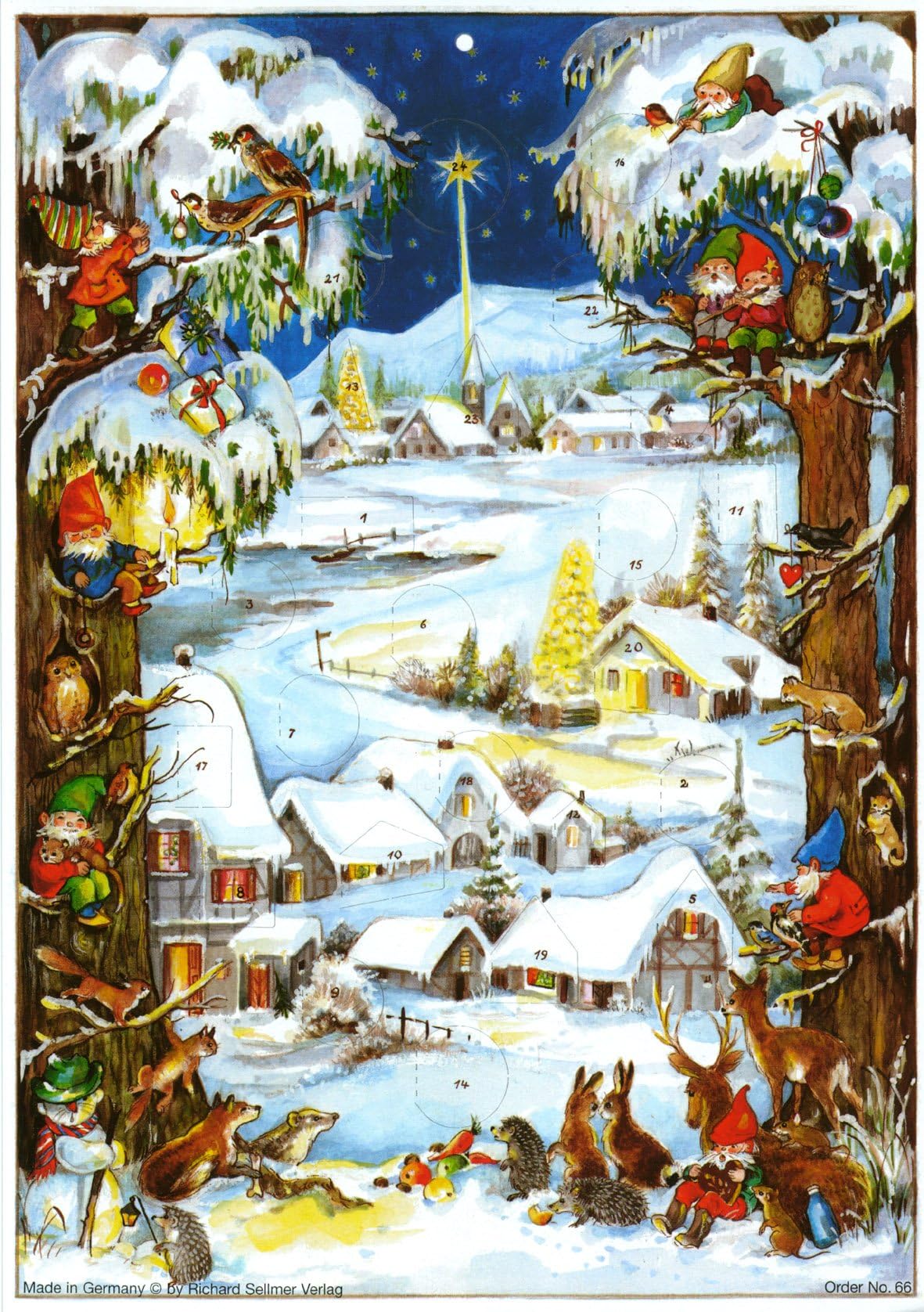 Advent Calendar 24 Doors 297 x 210 mm - Snowscene Trees Village in The Snow - with Glitter and Translucent Windows - RS66 - Traditional Antique German Design
