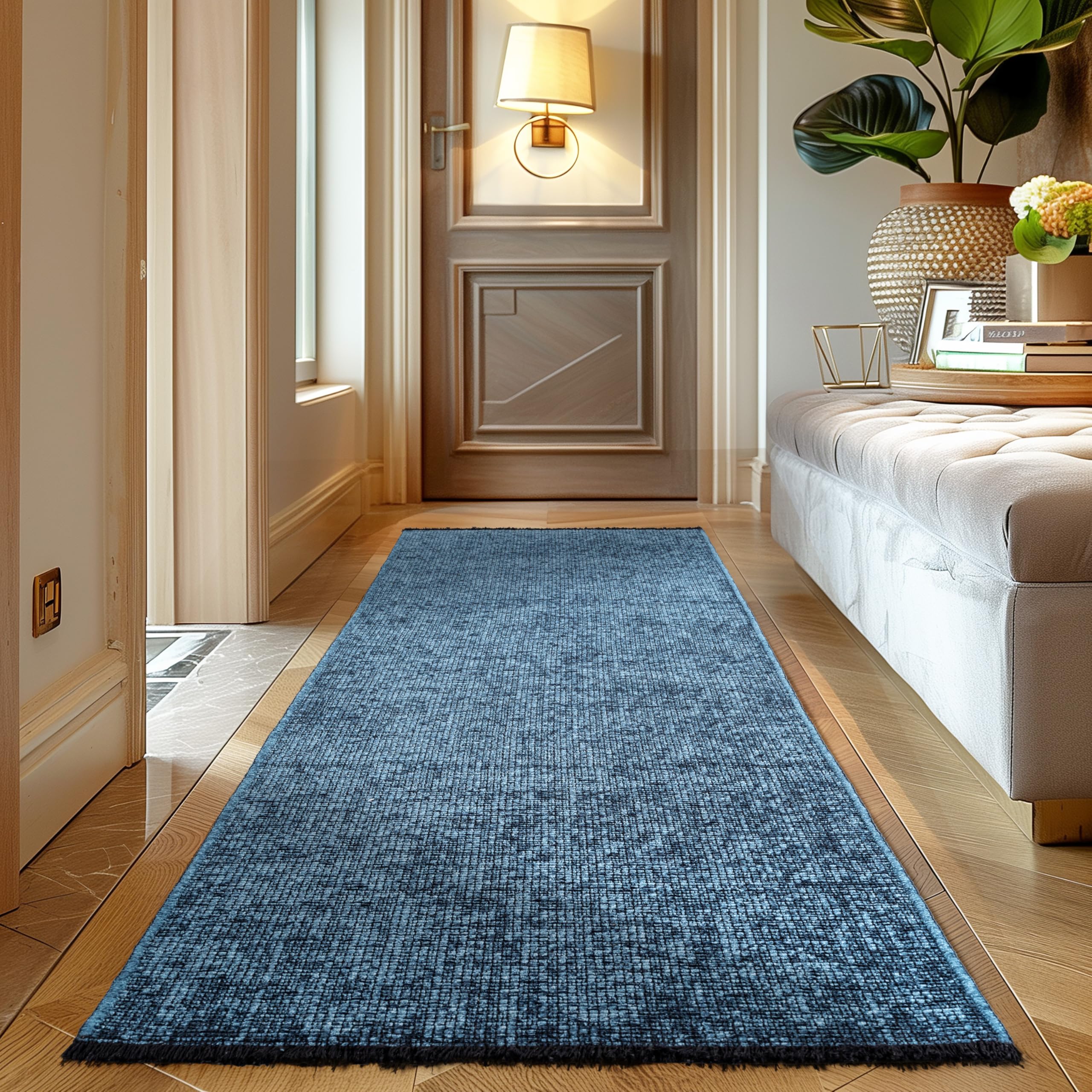 Carpettex, Chenille Teppich Baumwolle Läufer Blau 80x150 cm Waschbar, Boho-Stil, Kurzflor, Vintage Kelim, Weich & rutschfest, Einfarbig, Für Küche, Flur & Schlafzimmer